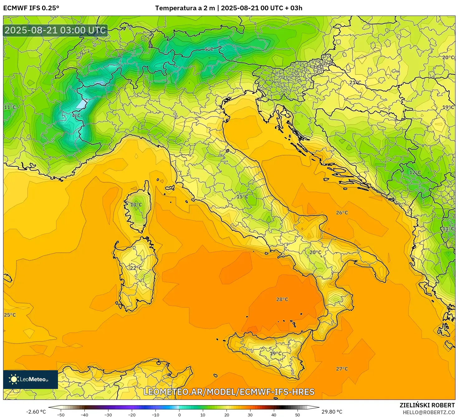 ECMWF IFS 0.25° model - Italia, Temperatura a 2 m