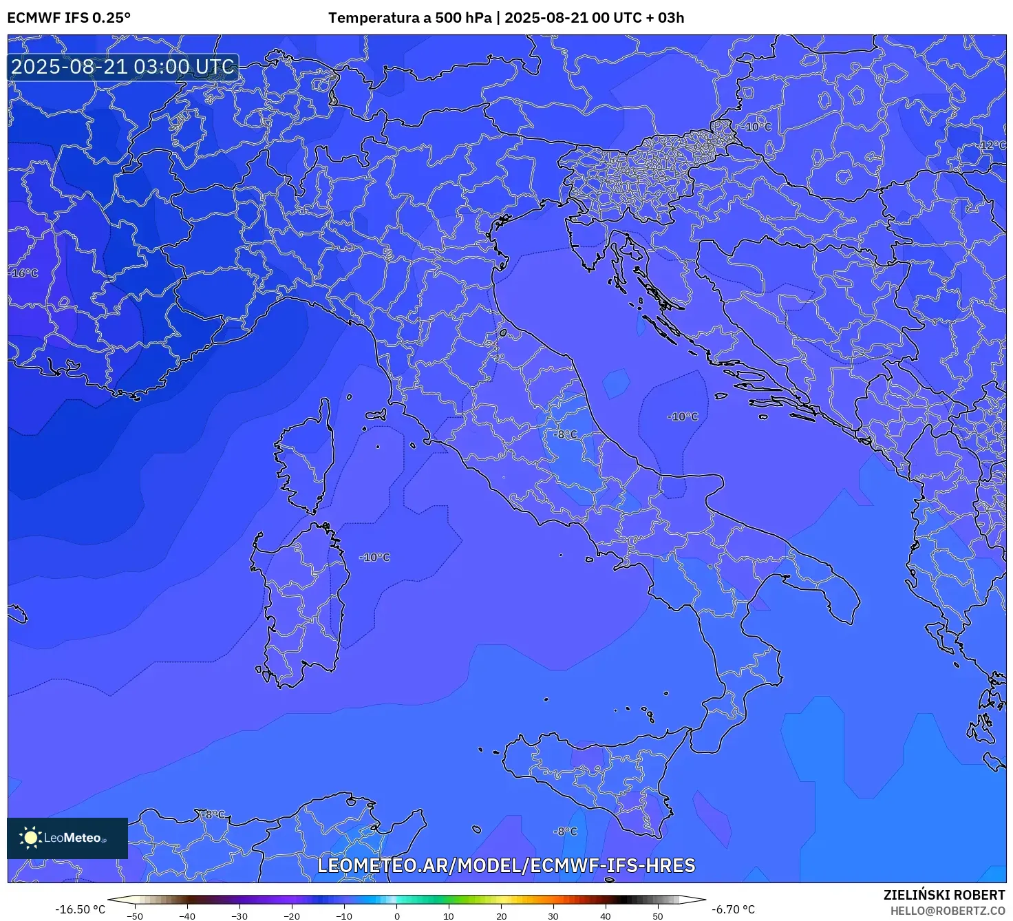 ECMWF IFS 0.25° model - Italia, Temperatura a 500 hPa