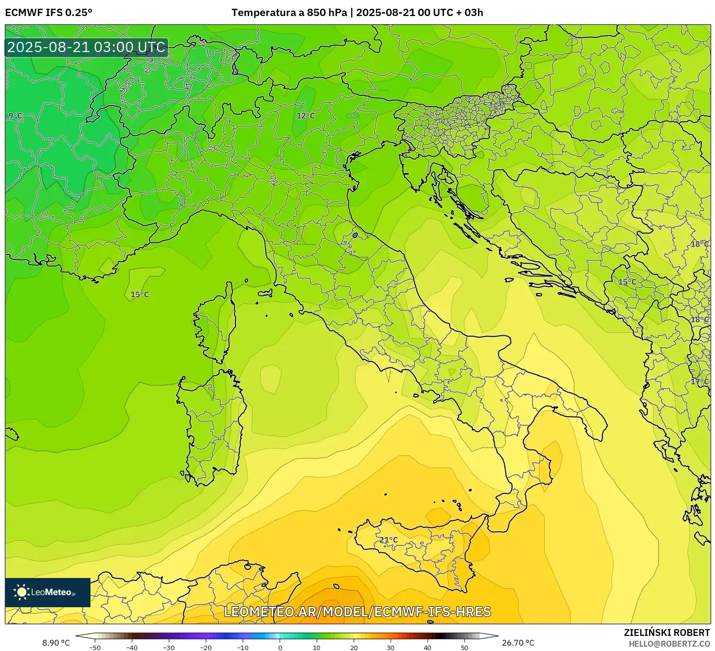 ECMWF IFS 0.25° model - Italia, Temperatura a 850 hPa ECMWF IFS 0.25° model - Italia, Temperatura a 850 hPa