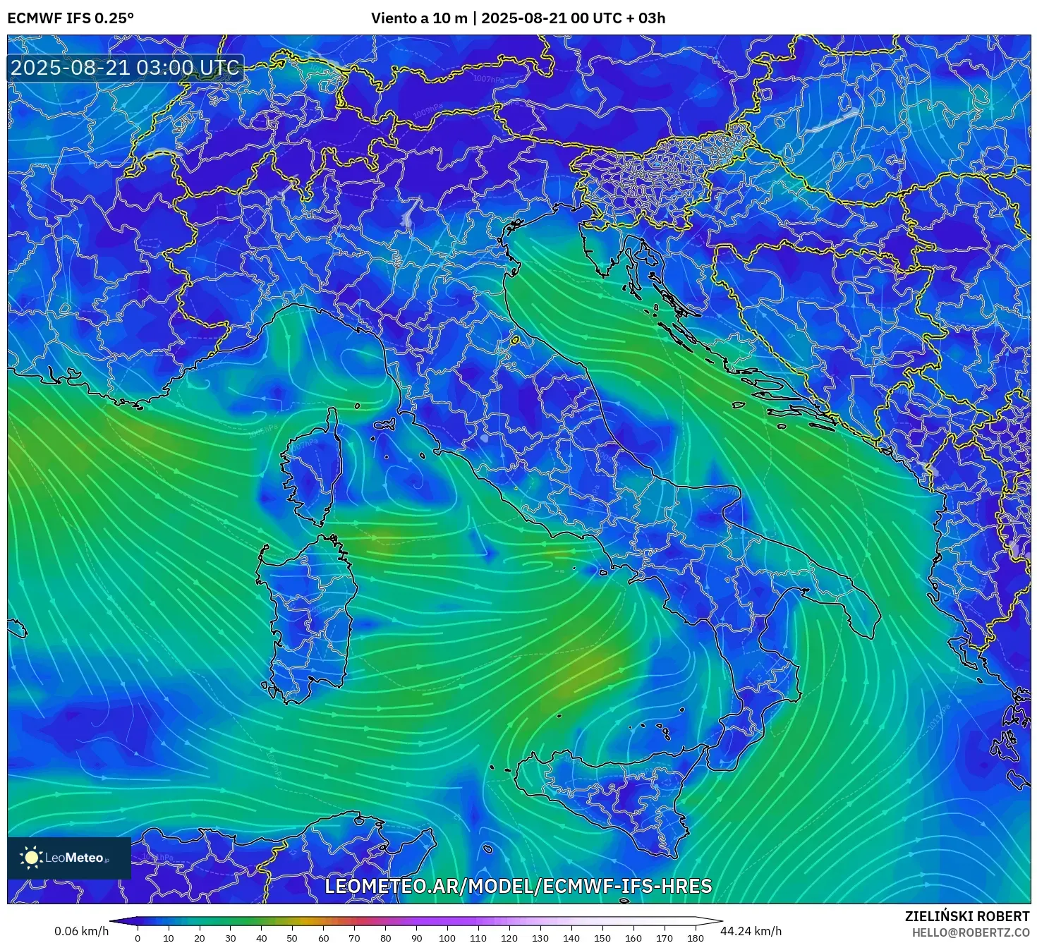 ECMWF IFS 0.25° model - Italia, Viento a 10 m