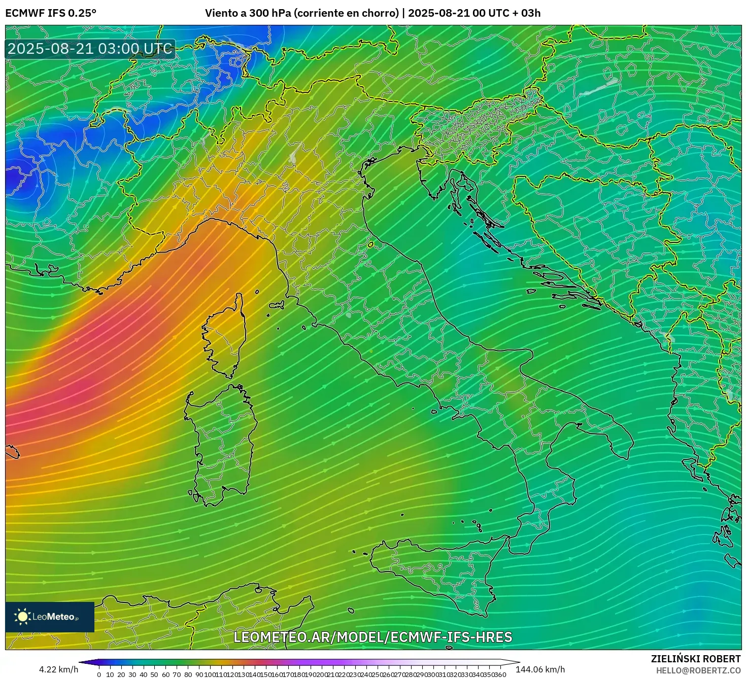 ECMWF IFS 0.25° model - Italia, Viento a 300 hPa (corriente en chorro) ECMWF IFS 0.25° model - Italia, Viento a 300 hPa (corriente en chorro)