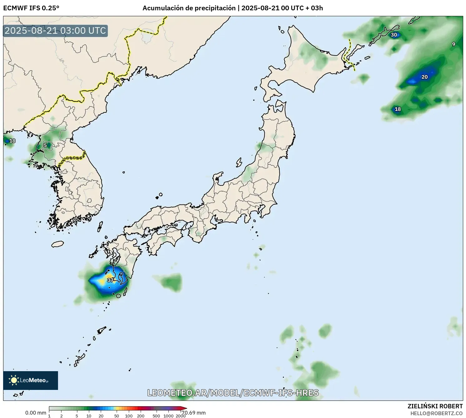 ECMWF IFS 0.25° model - Japón, Acumulación de precipitación