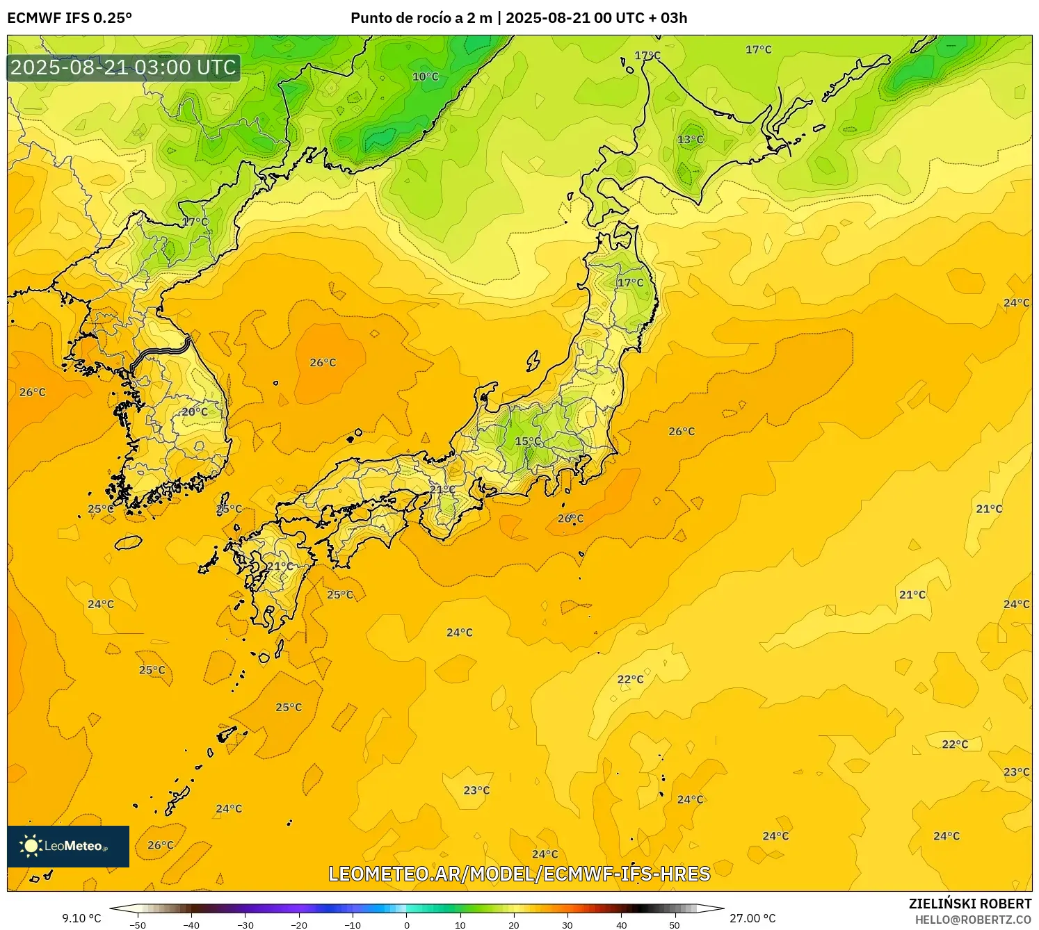 ECMWF IFS 0.25° model - Japón, Punto de rocío a 2 m