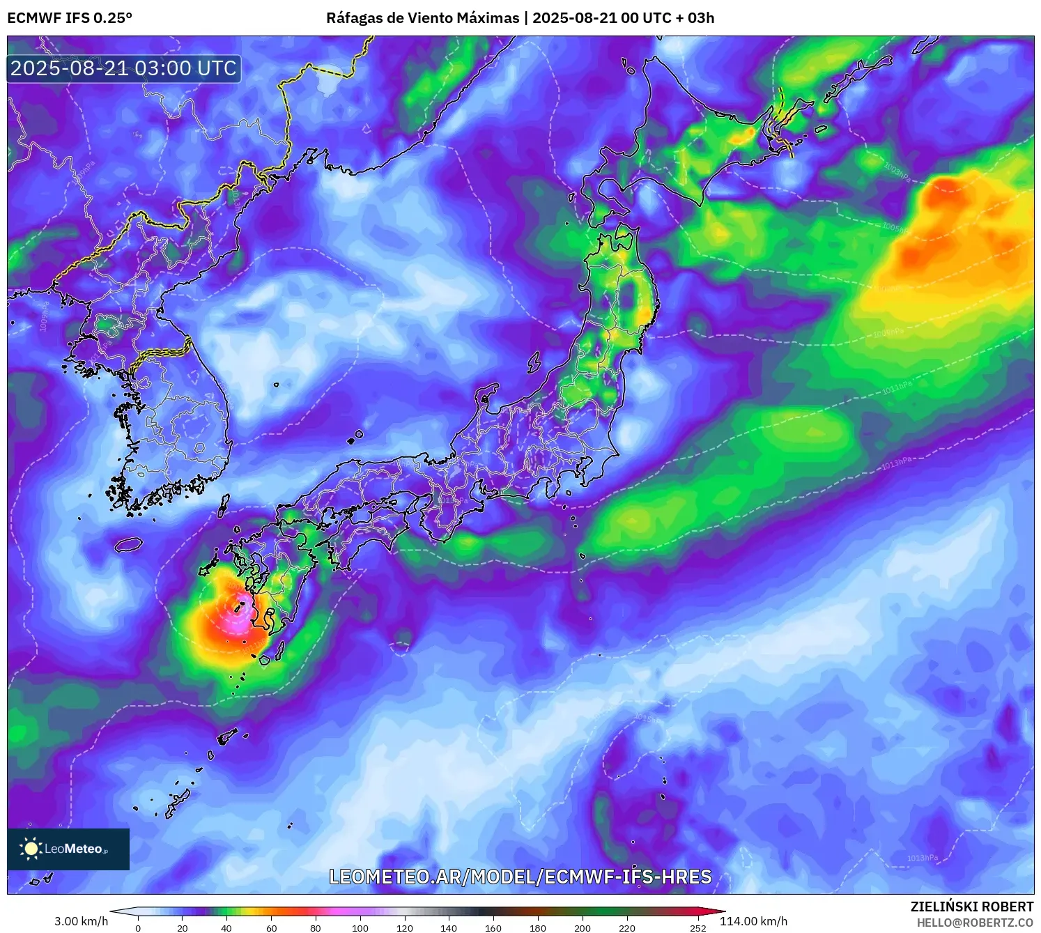 ECMWF IFS 0.25° model - Japón, Ráfagas de Viento Máximas