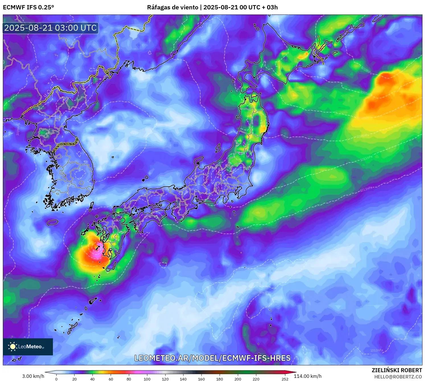 ECMWF IFS 0.25° model - Japón, Ráfagas de viento