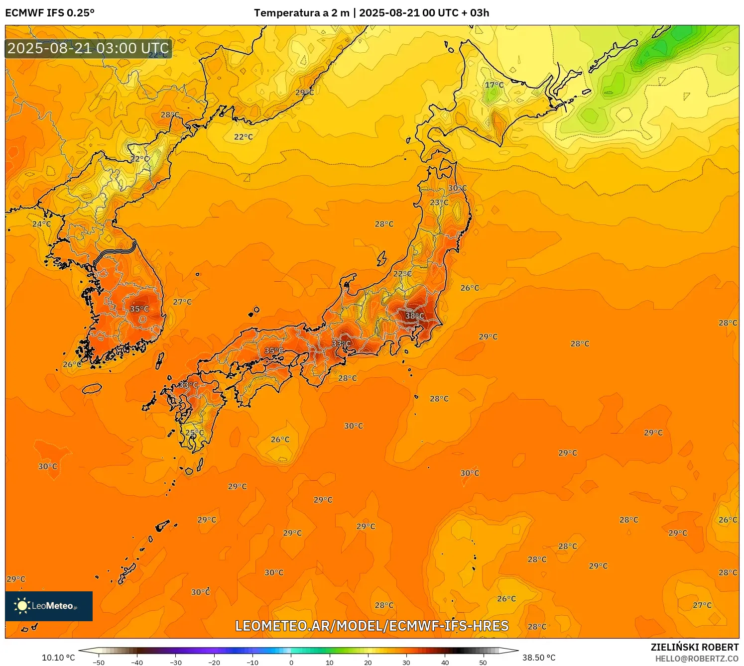 ECMWF IFS 0.25° model - Japón, Temperatura a 2 m ECMWF IFS 0.25° model - Japón, Temperatura a 2 m