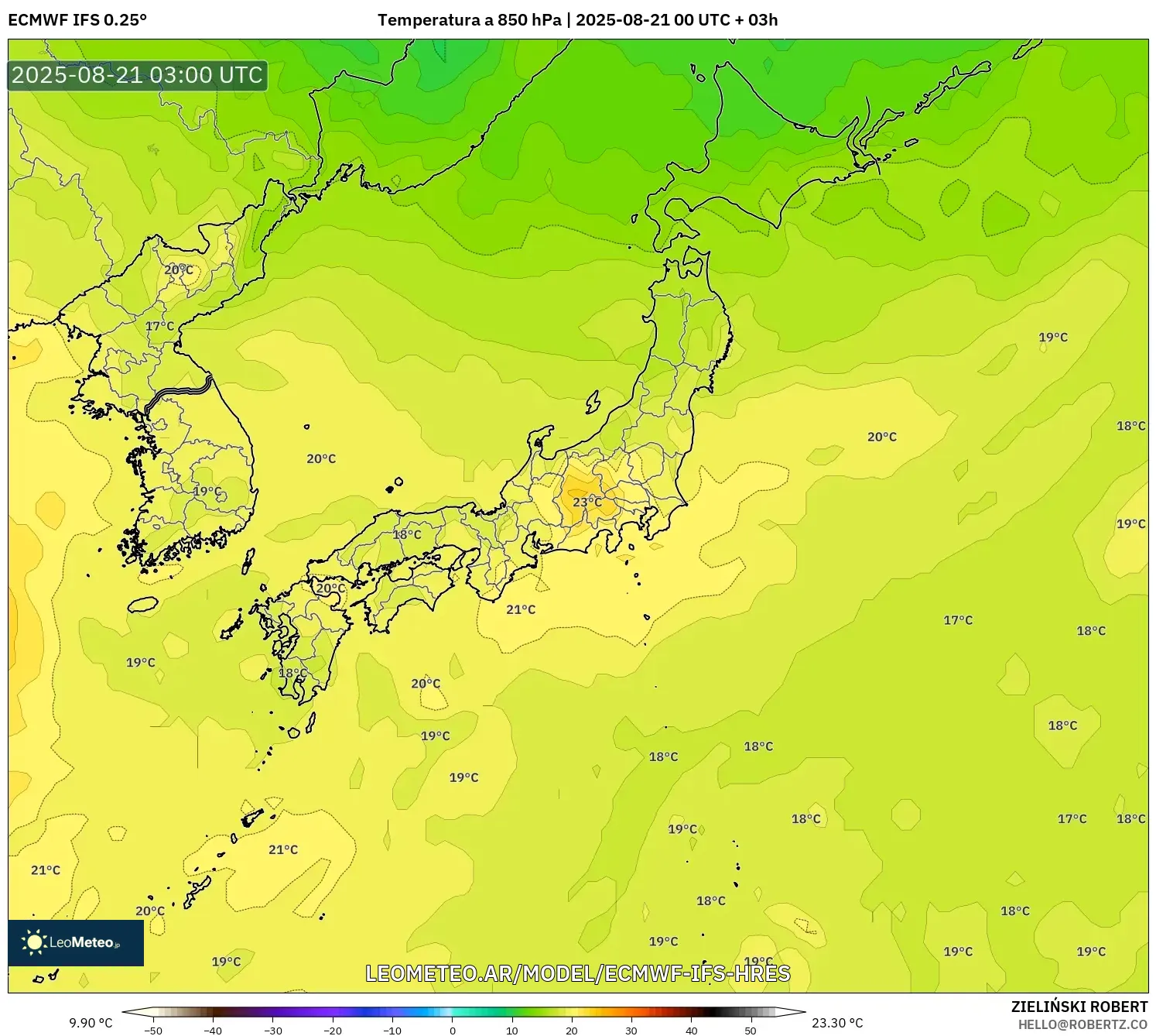 ECMWF IFS 0.25° model - Japón, Temperatura a 850 hPa
