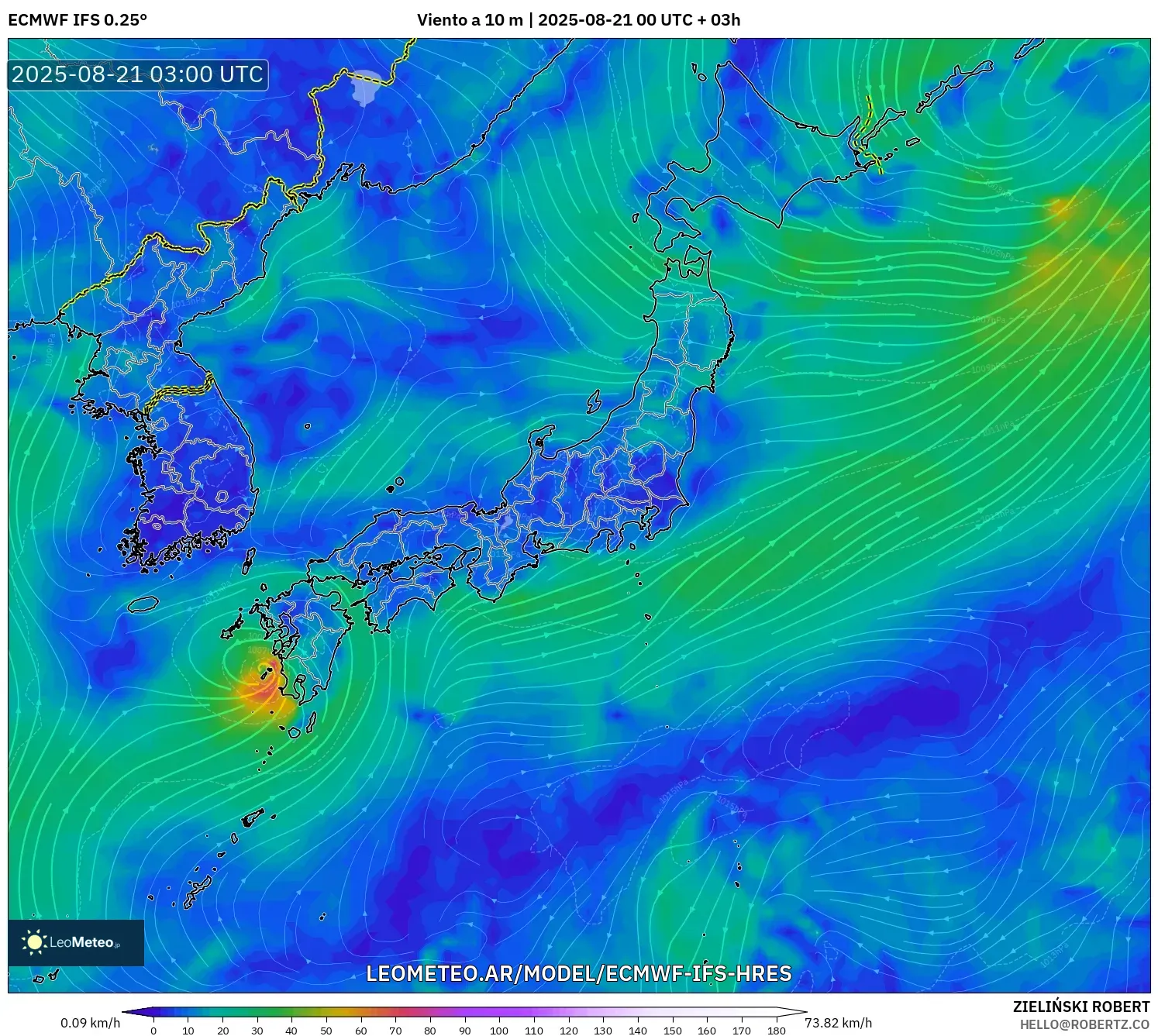 ECMWF IFS 0.25° model - Japón, Viento a 10 m