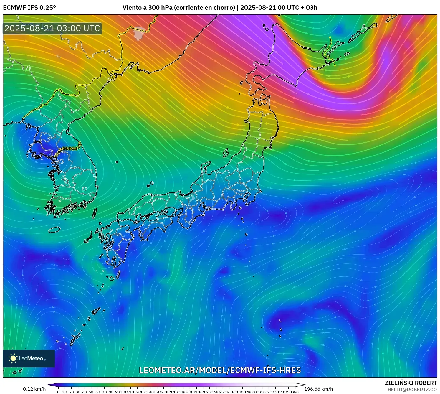 ECMWF IFS 0.25° model - Japón, Viento a 300 hPa (corriente en chorro)