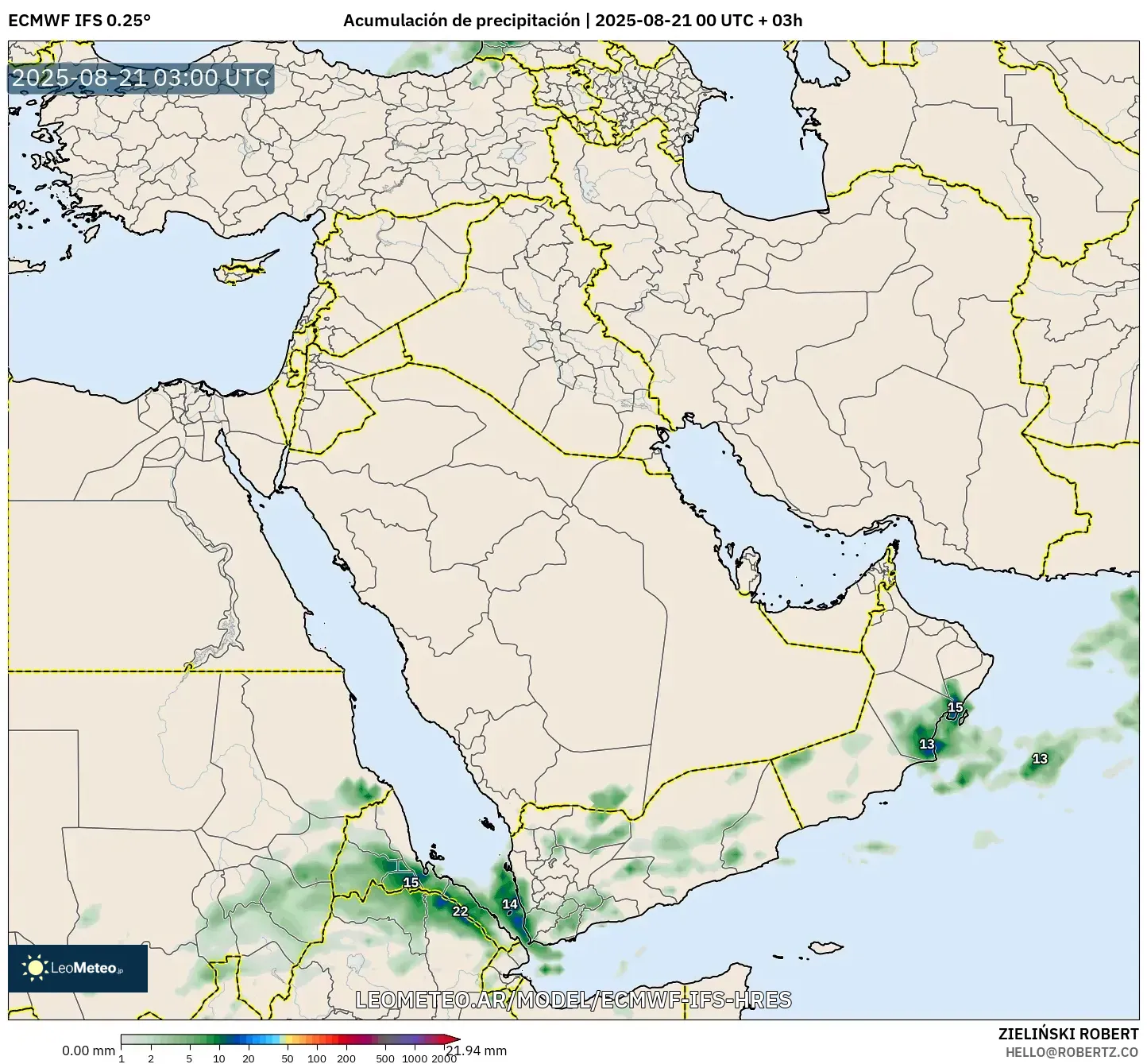 ECMWF IFS 0.25° model - Oriente Medio, Acumulación de precipitación