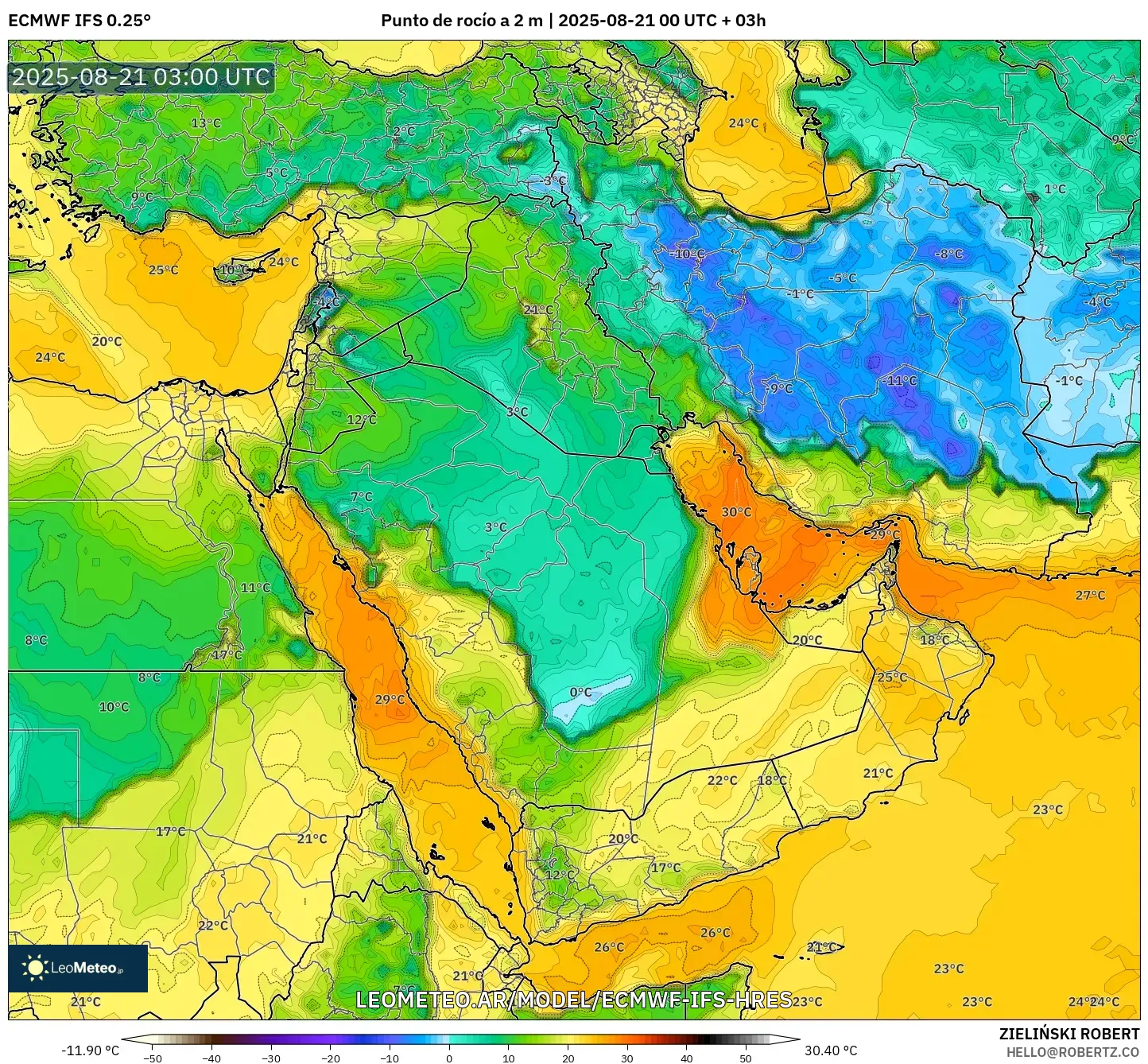ECMWF IFS 0.25° model - Oriente Medio, Punto de rocío a 2 m