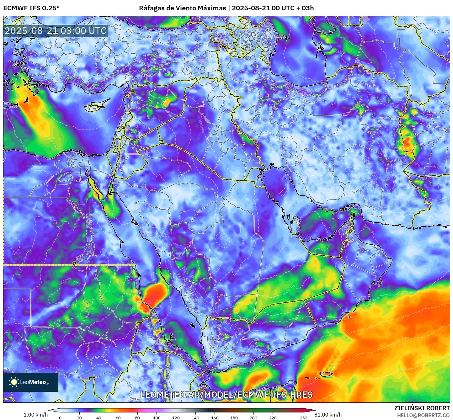 ECMWF IFS 0.25° model - Oriente Medio, Ráfagas de Viento Máximas