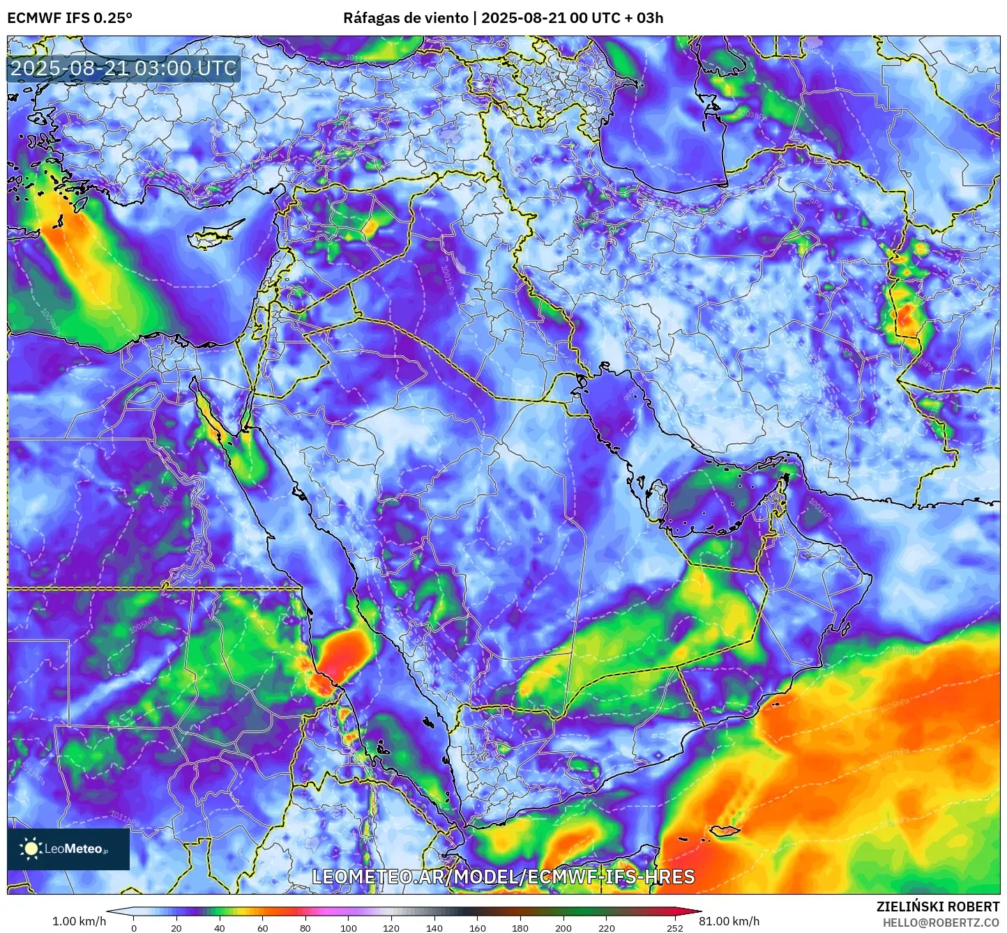 ECMWF IFS 0.25° model - Oriente Medio, Ráfagas de viento