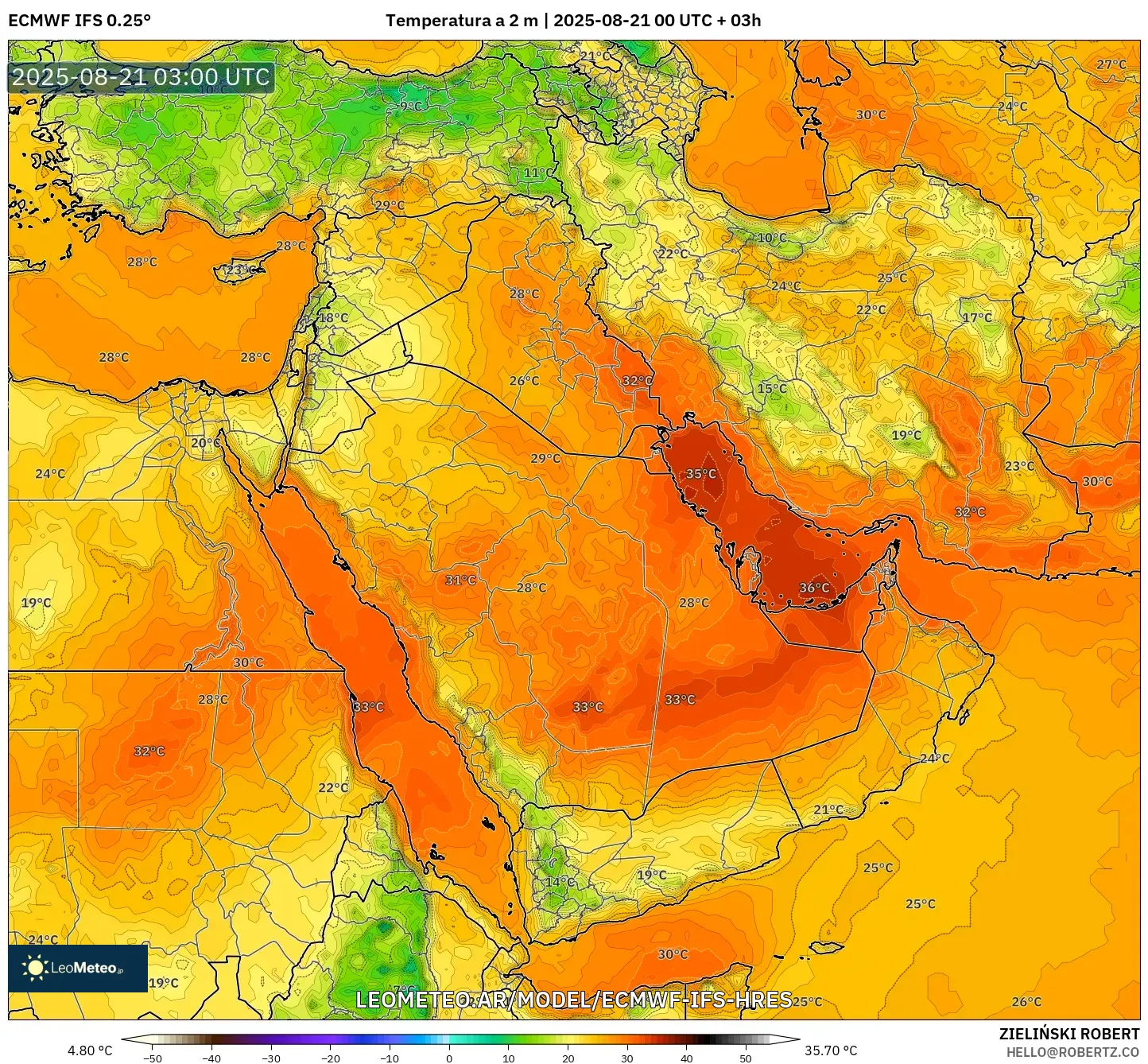 ECMWF IFS 0.25° model - Oriente Medio, Temperatura a 2 m ECMWF IFS 0.25° model - Oriente Medio, Temperatura a 2 m