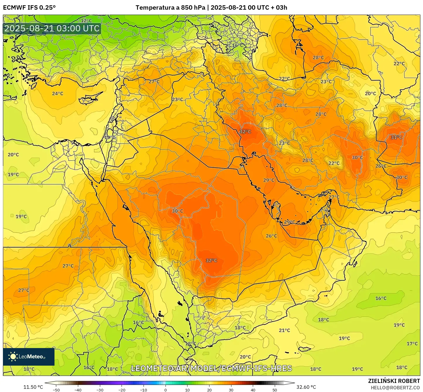 ECMWF IFS 0.25° model - Oriente Medio, Temperatura a 850 hPa