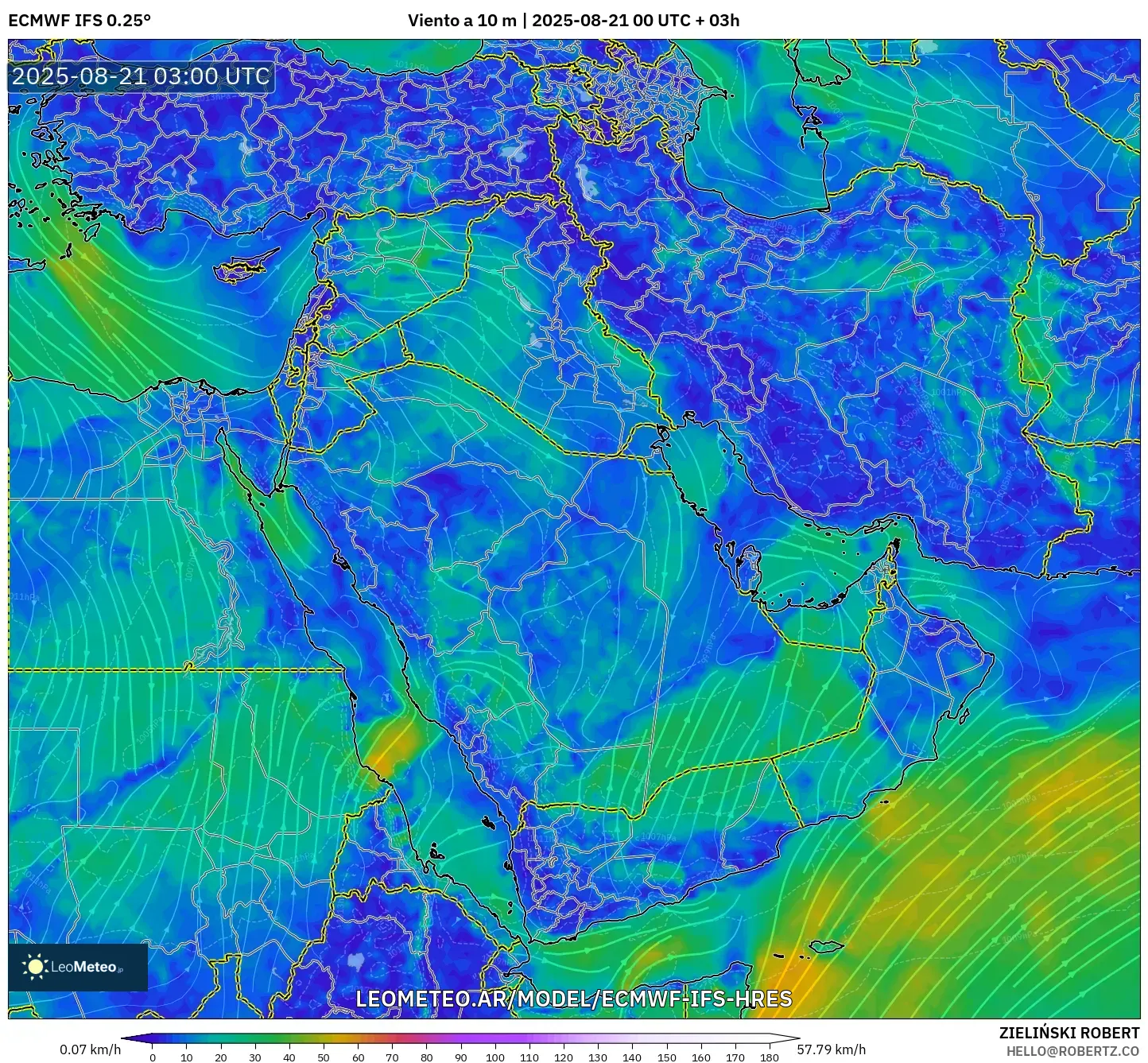 ECMWF IFS 0.25° model - Oriente Medio, Viento a 10 m