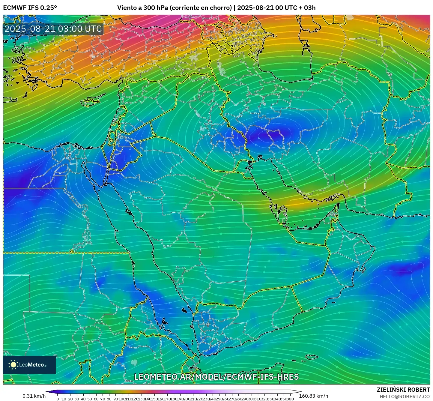 ECMWF IFS 0.25° model - Oriente Medio, Viento a 300 hPa (corriente en chorro)
