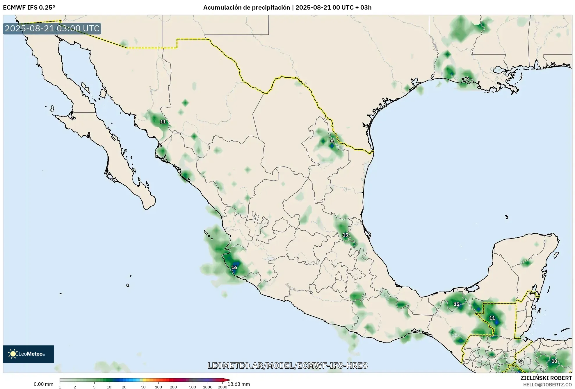 ECMWF IFS 0.25° model - México, Acumulación de precipitación