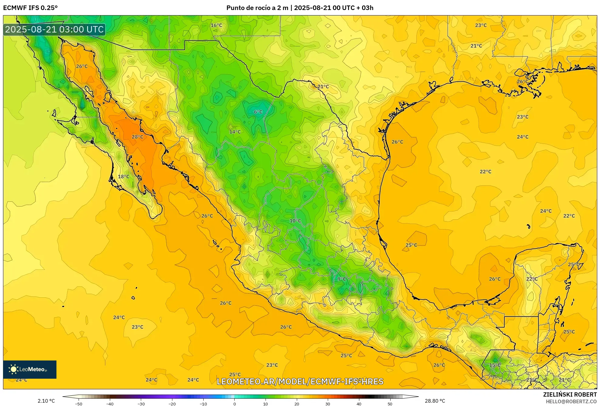 ECMWF IFS 0.25° model - México, Punto de rocío a 2 m
