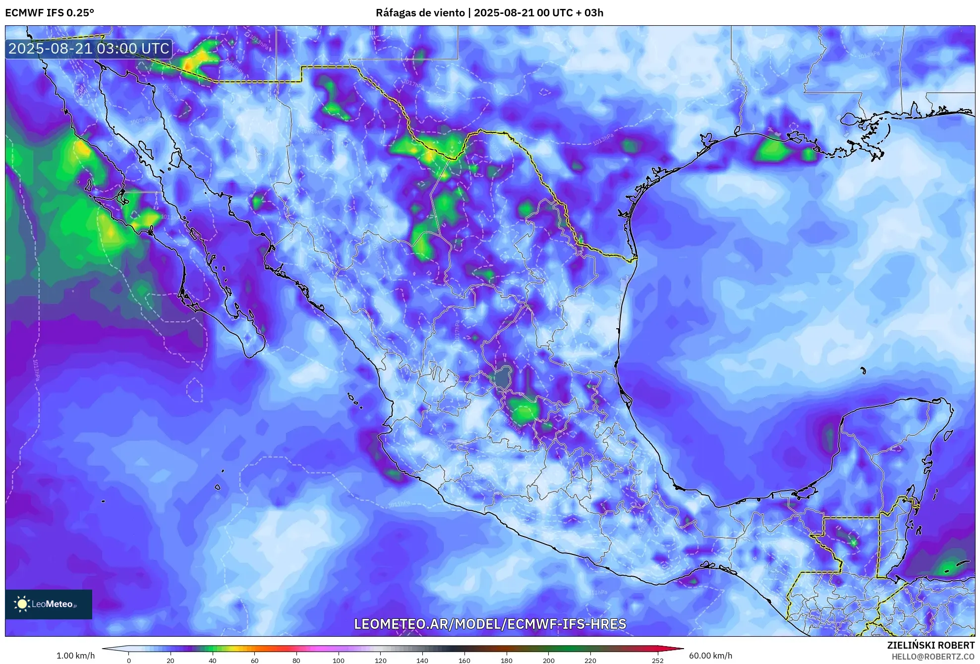 ECMWF IFS 0.25° model - México, Ráfagas de viento ECMWF IFS 0.25° model - México, Ráfagas de viento
