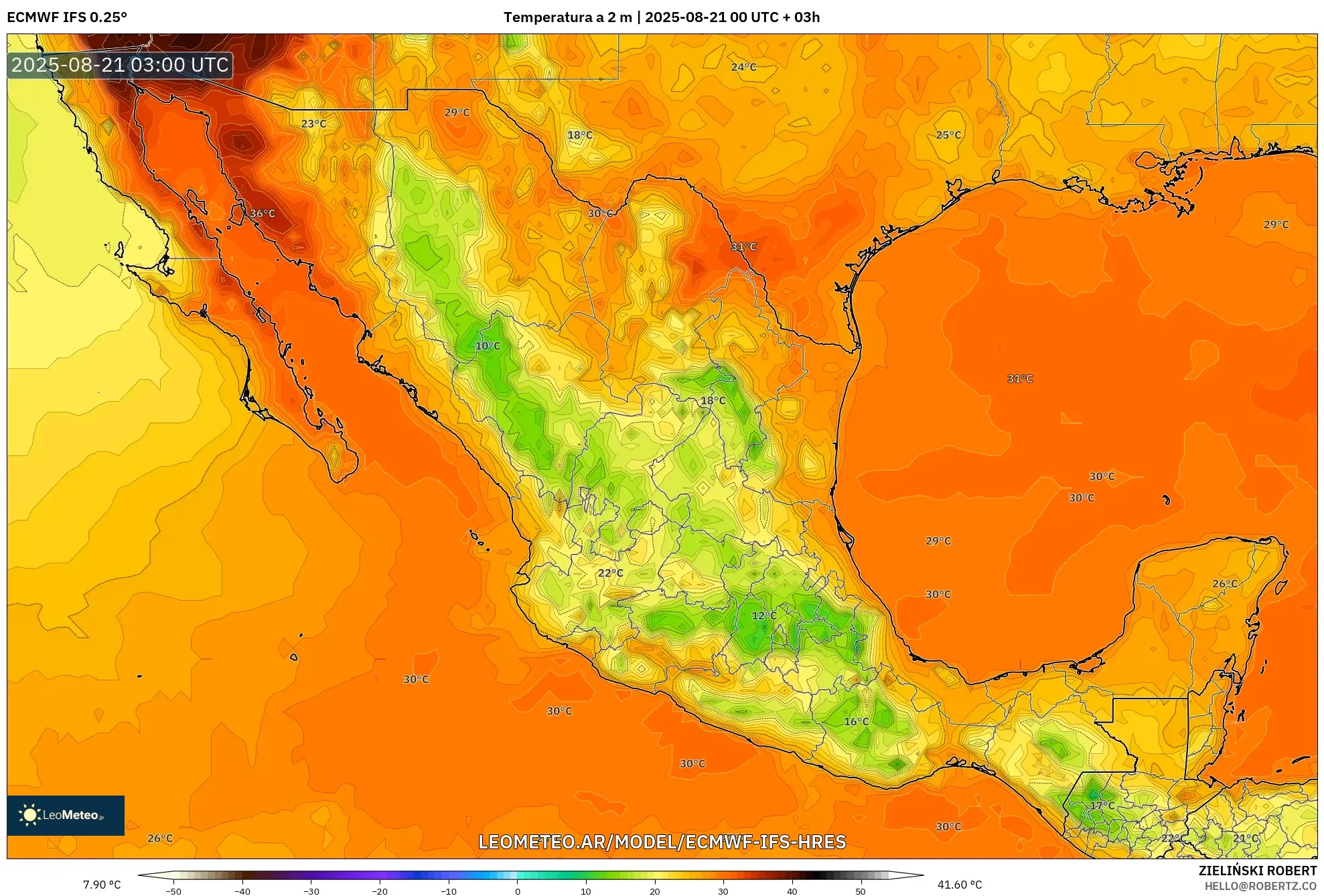 ECMWF IFS 0.25° model - México, Temperatura a 2 m