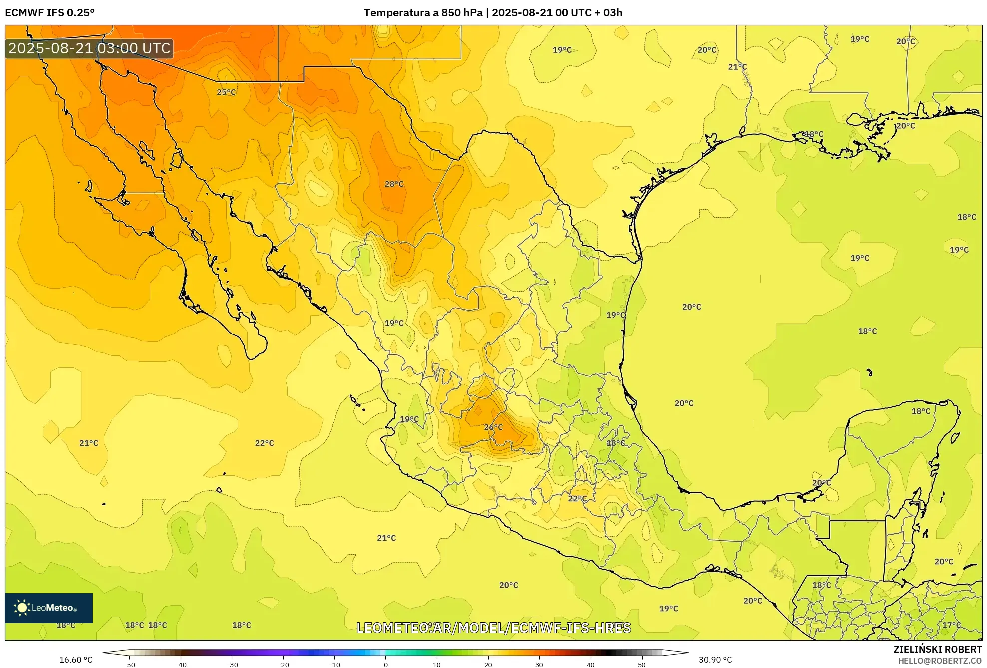 ECMWF IFS 0.25° model - México, Temperatura a 850 hPa ECMWF IFS 0.25° model - México, Temperatura a 850 hPa