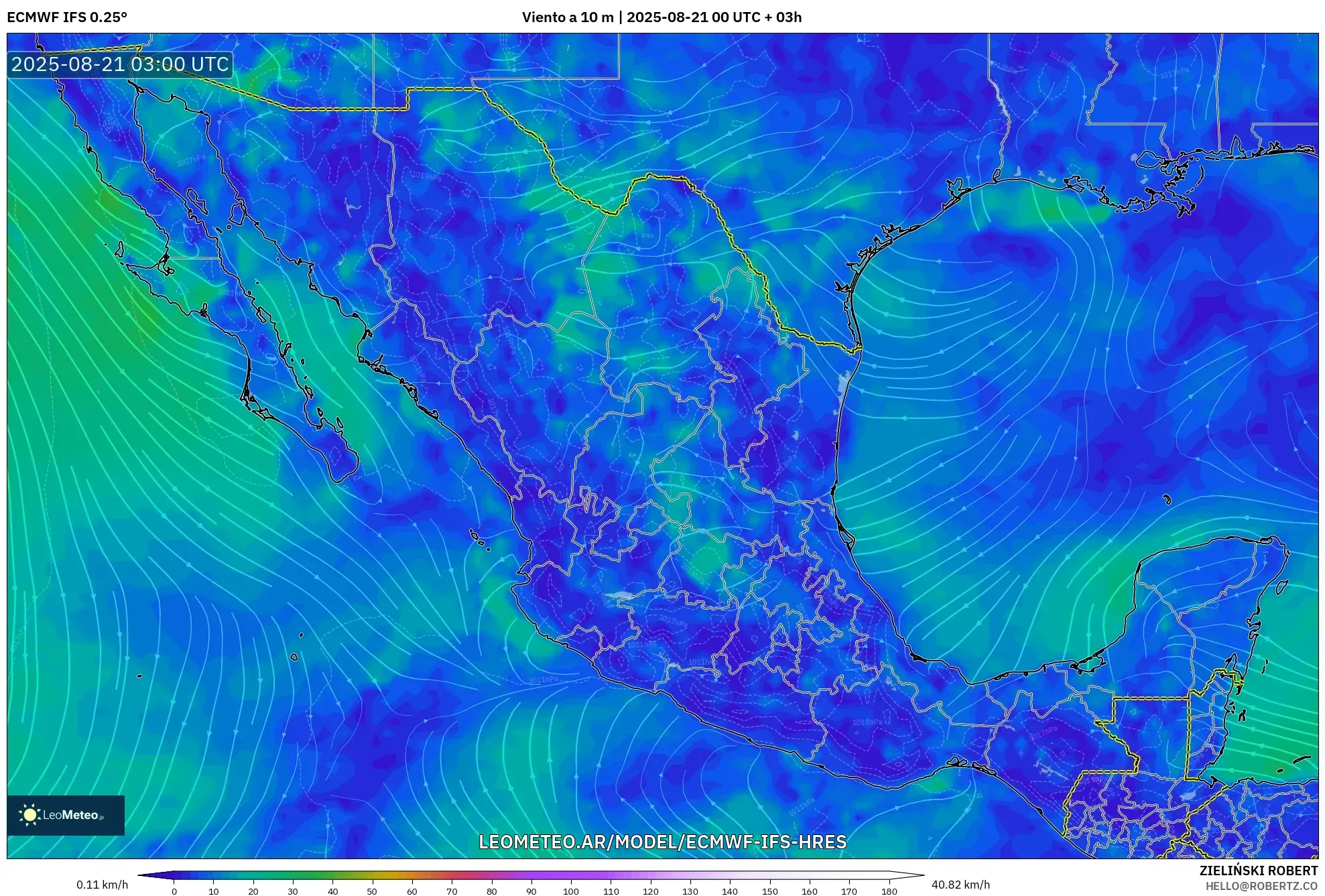 ECMWF IFS 0.25° model - México, Viento a 10 m