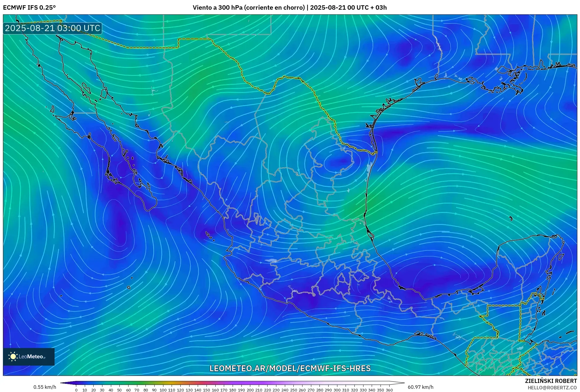 ECMWF IFS 0.25° model - México, Viento a 300 hPa (corriente en chorro)
