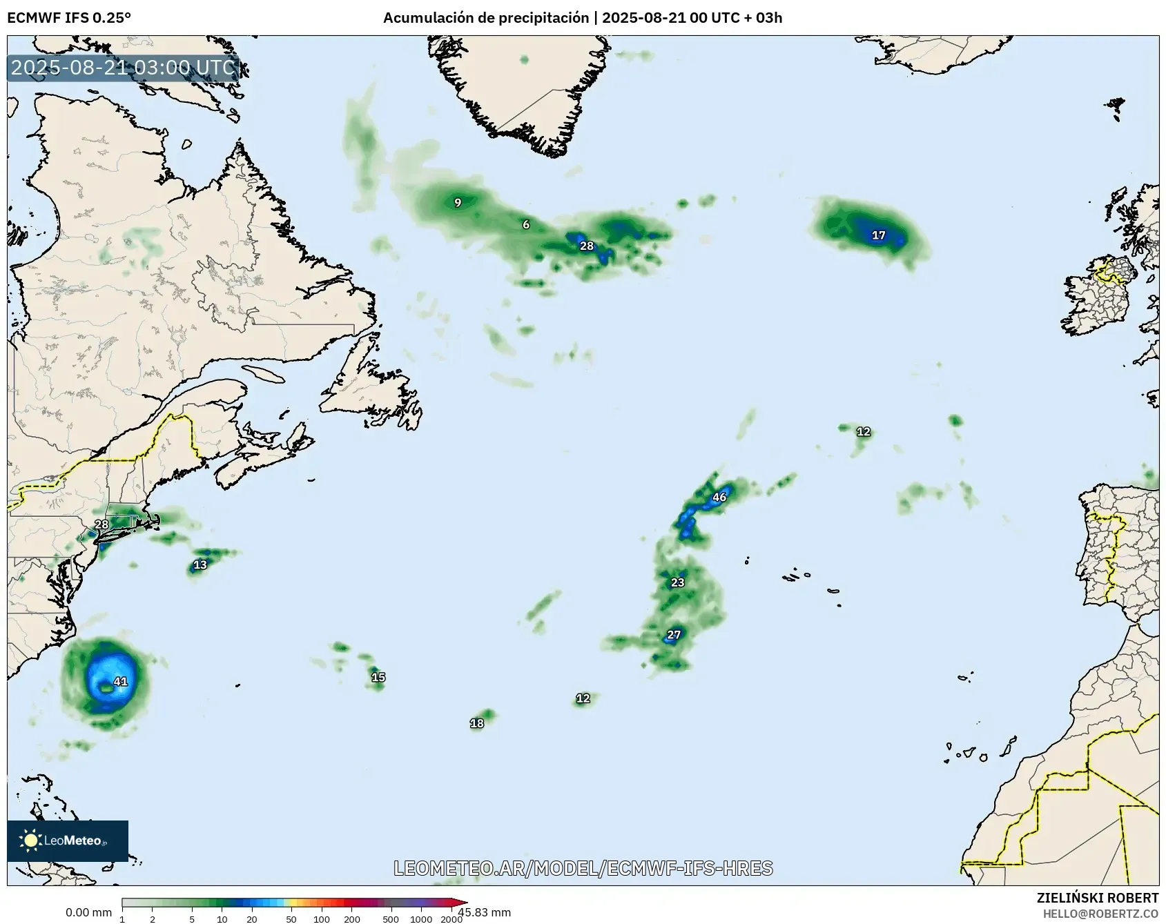 ECMWF IFS 0.25° model - Norte Atlántico, Acumulación de precipitación
