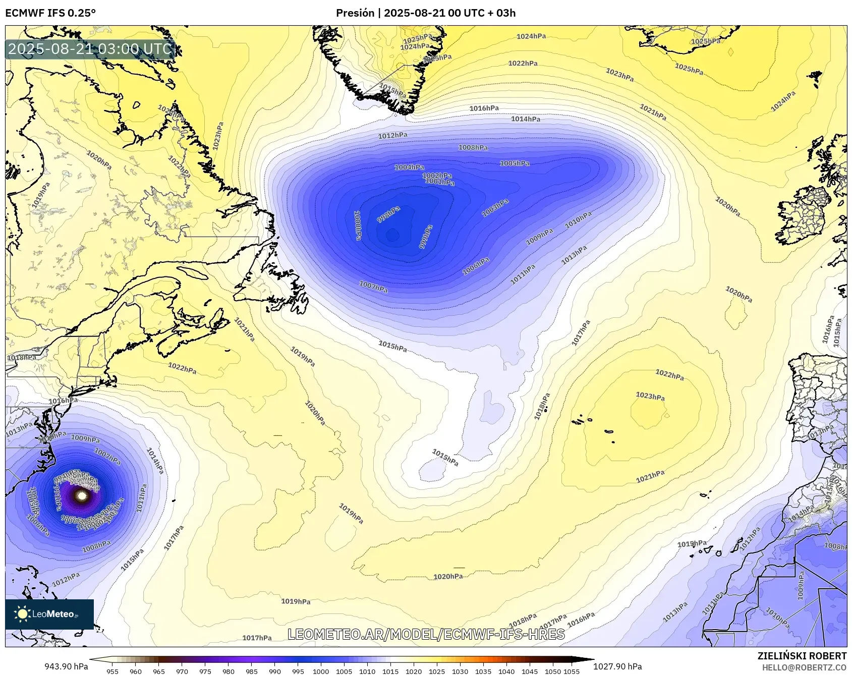 ECMWF IFS 0.25° model - Norte Atlántico, Presión