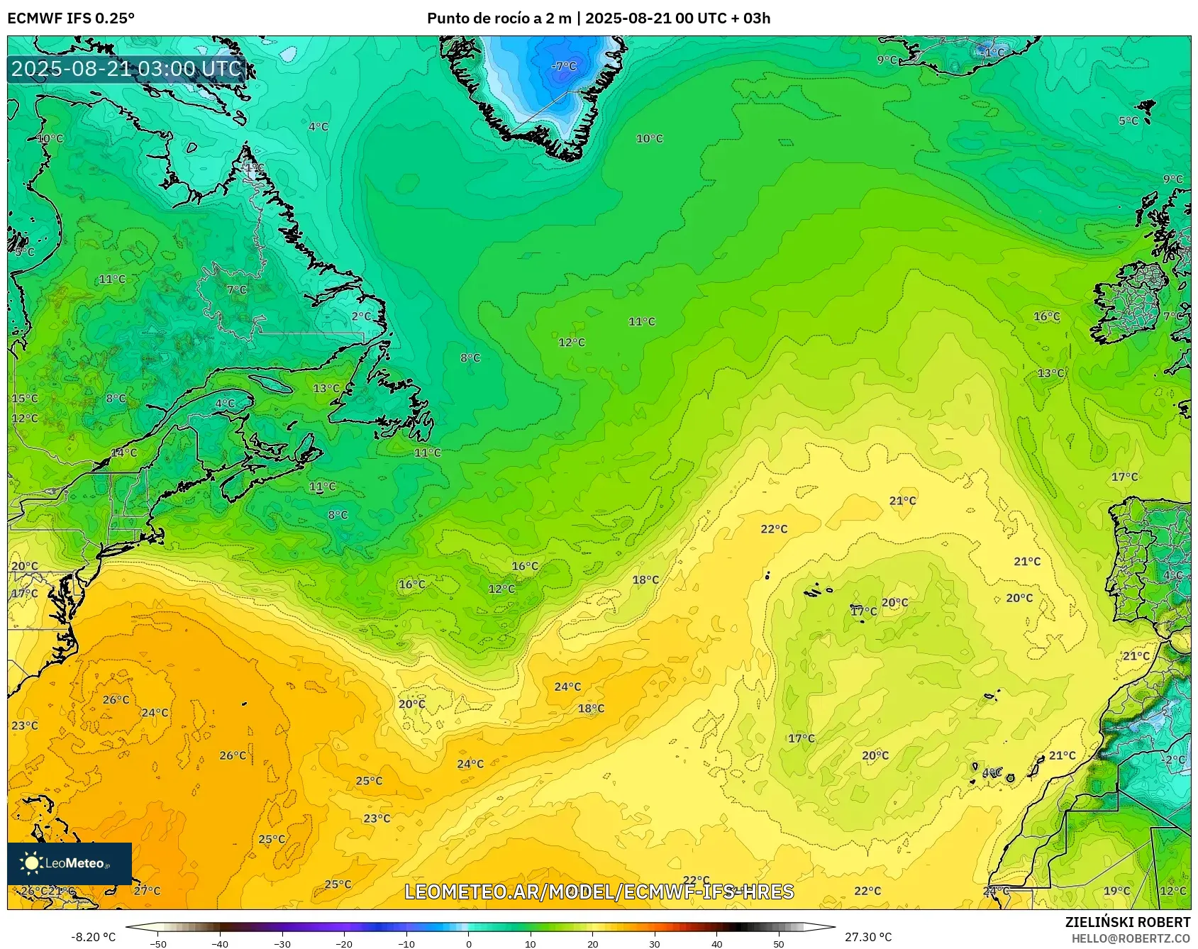 ECMWF IFS 0.25° model - Norte Atlántico, Punto de rocío a 2 m