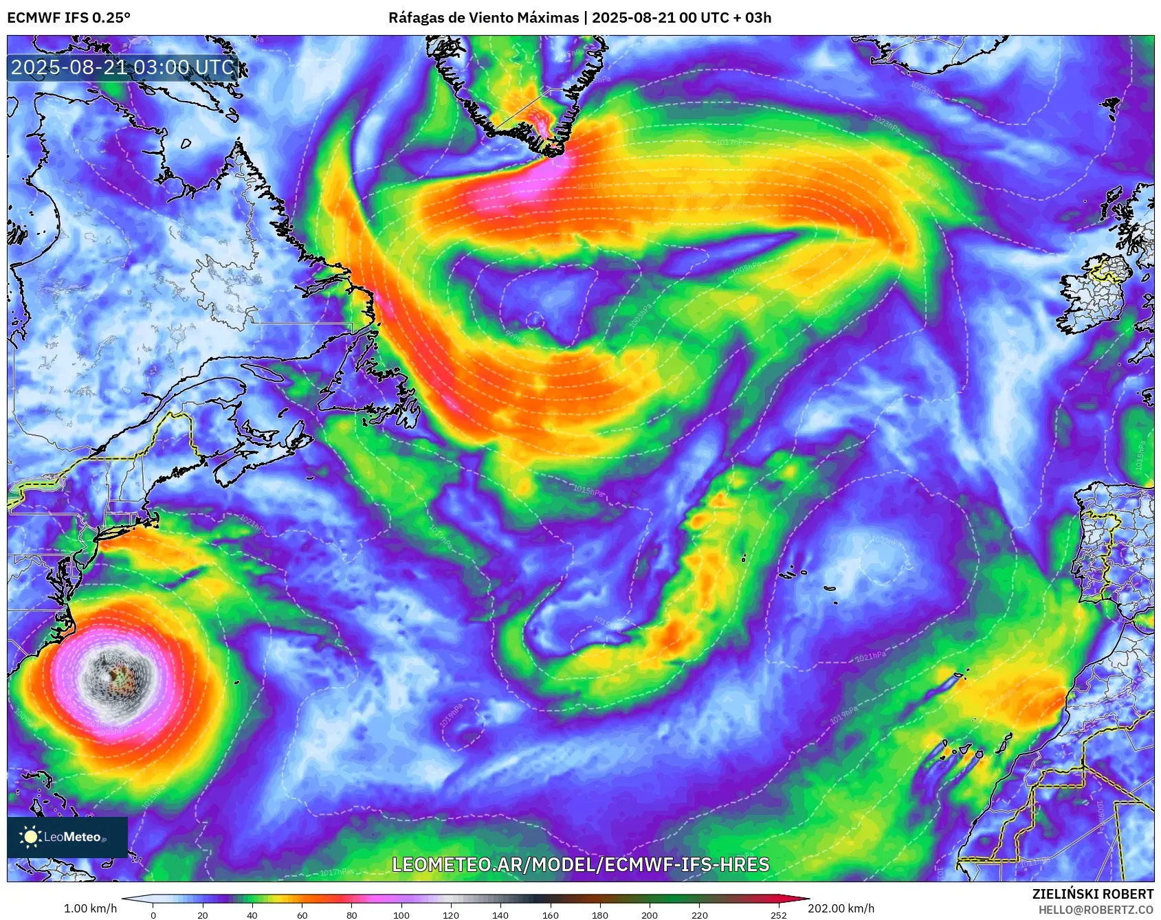 ECMWF IFS 0.25° model - Norte Atlántico, Ráfagas de Viento Máximas