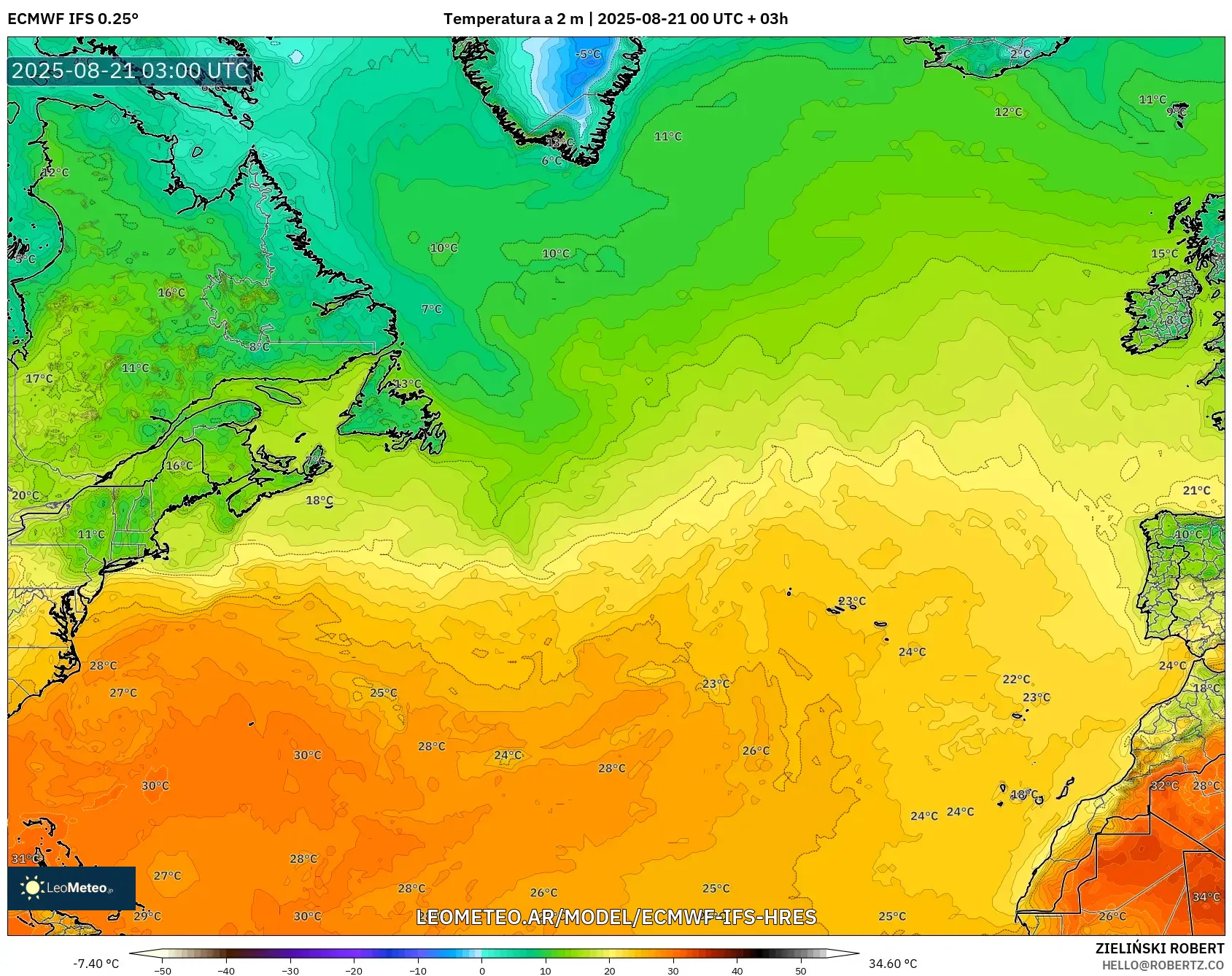 ECMWF IFS 0.25° model - Norte Atlántico, Temperatura a 2 m ECMWF IFS 0.25° model - Norte Atlántico, Temperatura a 2 m