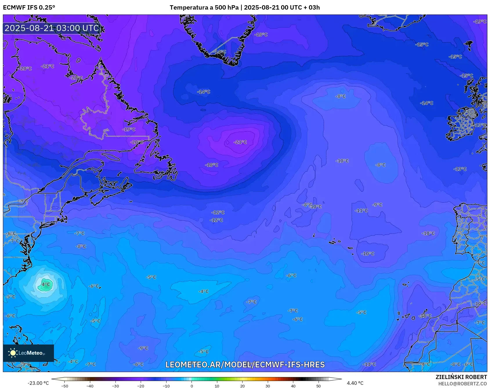 ECMWF IFS 0.25° model - Norte Atlántico, Temperatura a 500 hPa