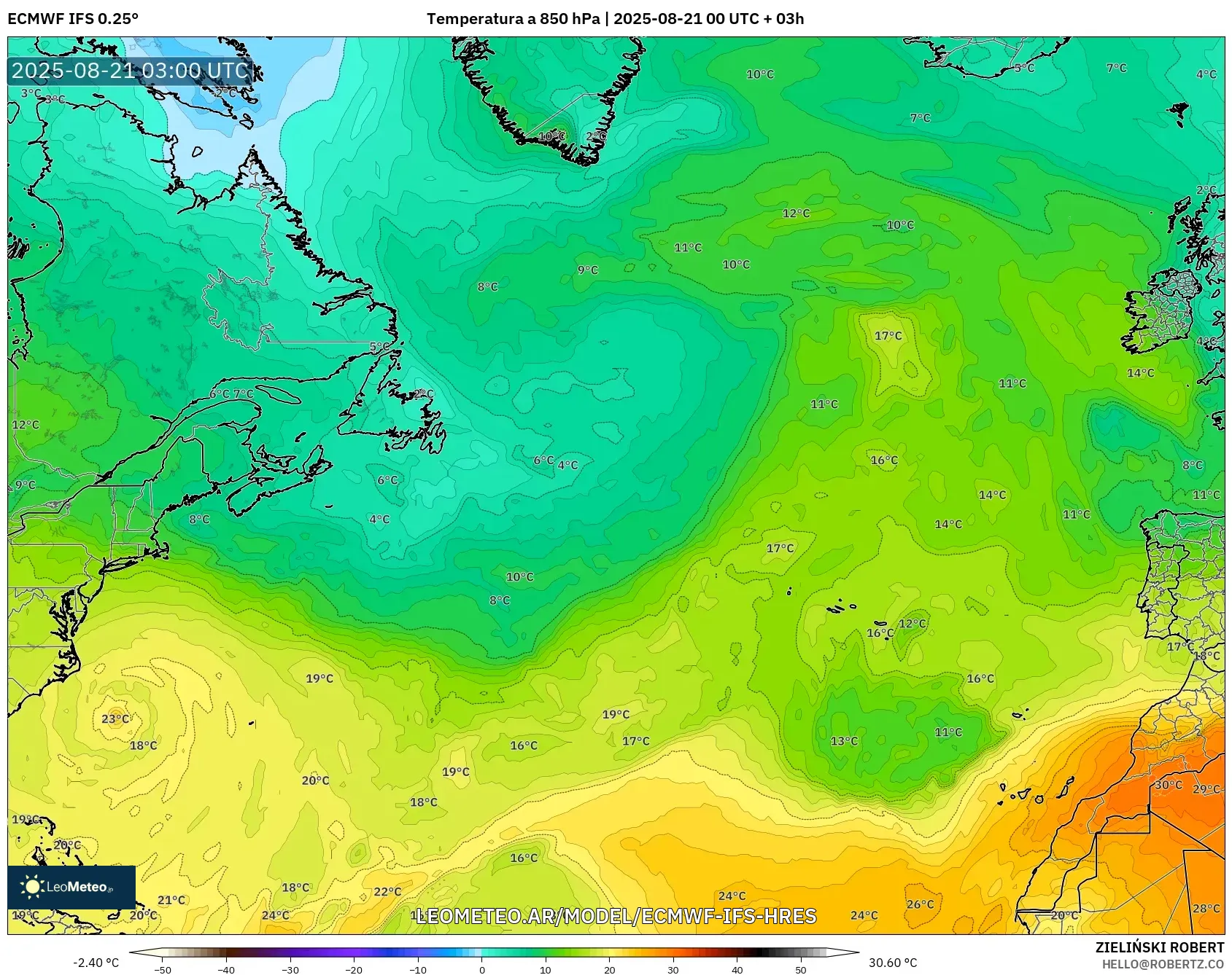 ECMWF IFS 0.25° model - Norte Atlántico, Temperatura a 850 hPa