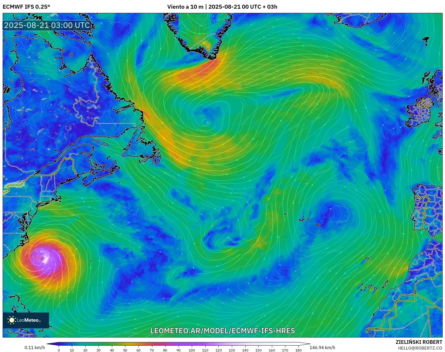 ECMWF IFS 0.25° model - Norte Atlántico, Viento a 10 m
