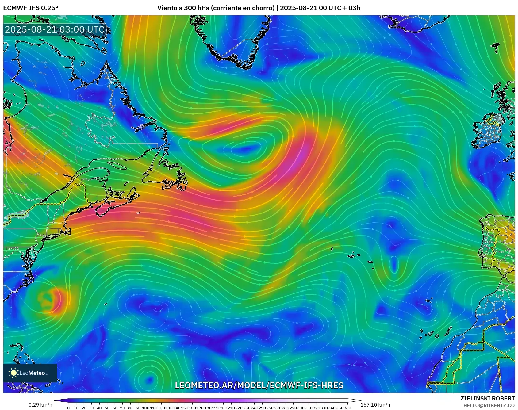 ECMWF IFS 0.25° model - Norte Atlántico, Viento a 300 hPa (corriente en chorro)