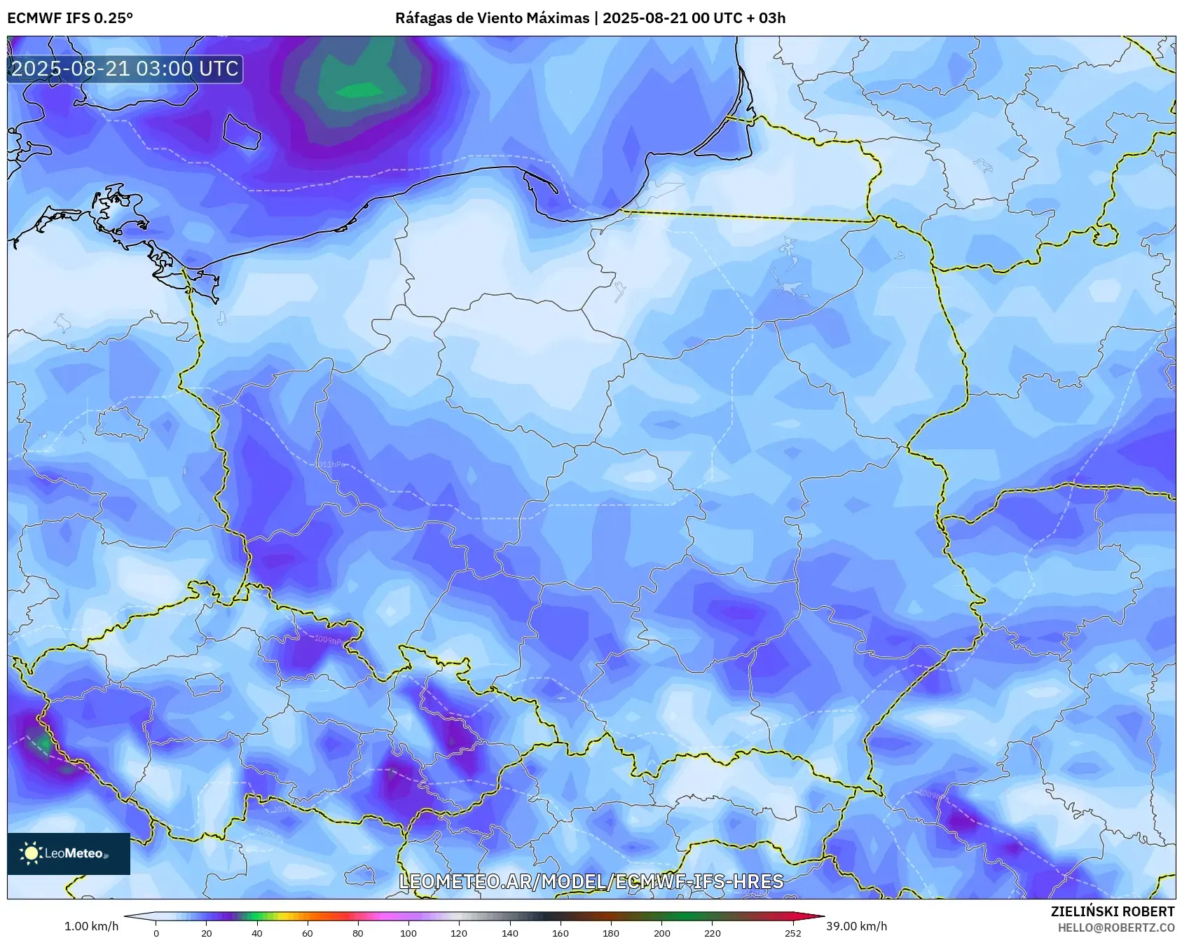 ECMWF IFS 0.25° model - Polonia, Ráfagas de Viento Máximas
