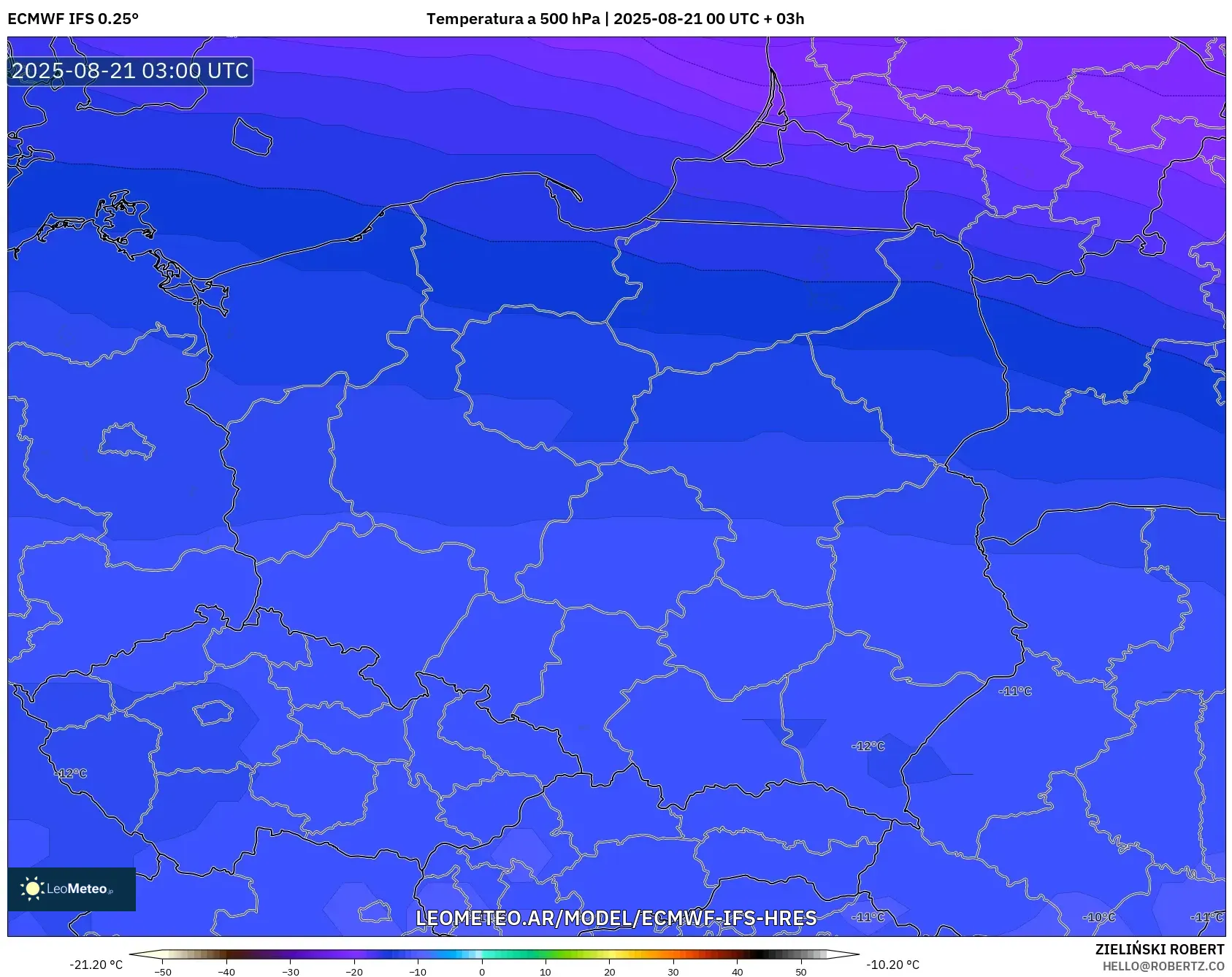 ECMWF IFS 0.25° model - Polonia, Temperatura a 500 hPa