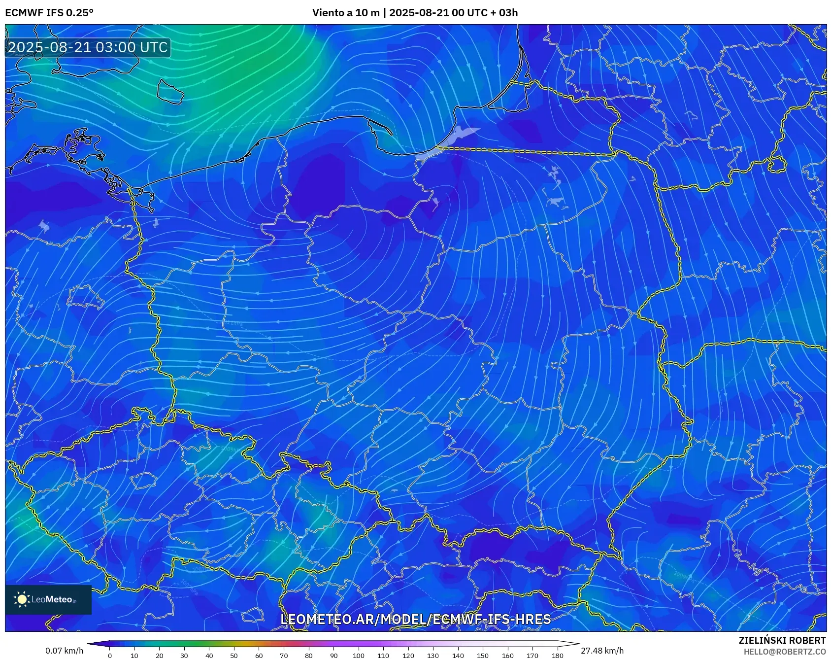 ECMWF IFS 0.25° model - Polonia, Viento a 10 m