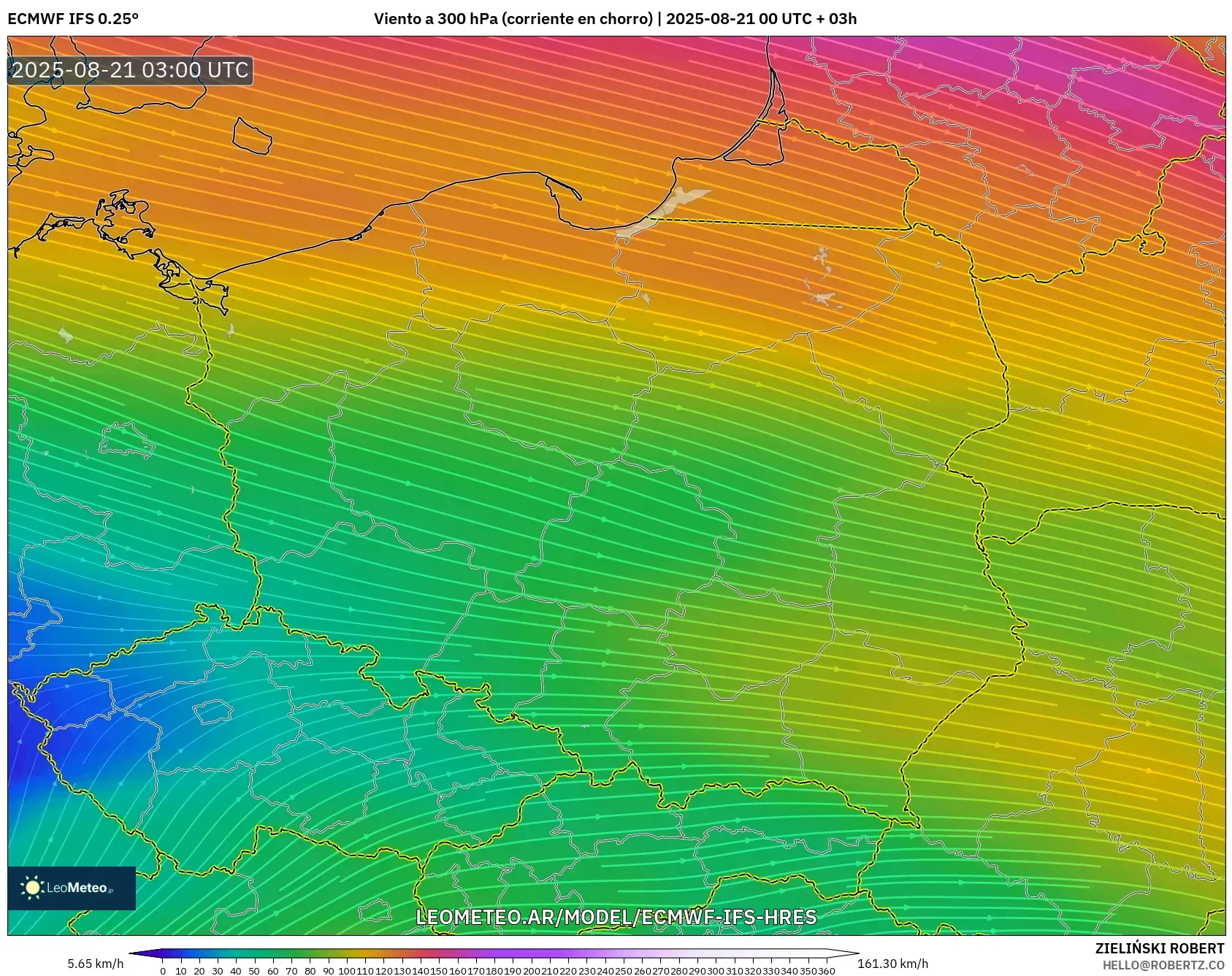 ECMWF IFS 0.25° model - Polonia, Viento a 300 hPa (corriente en chorro)