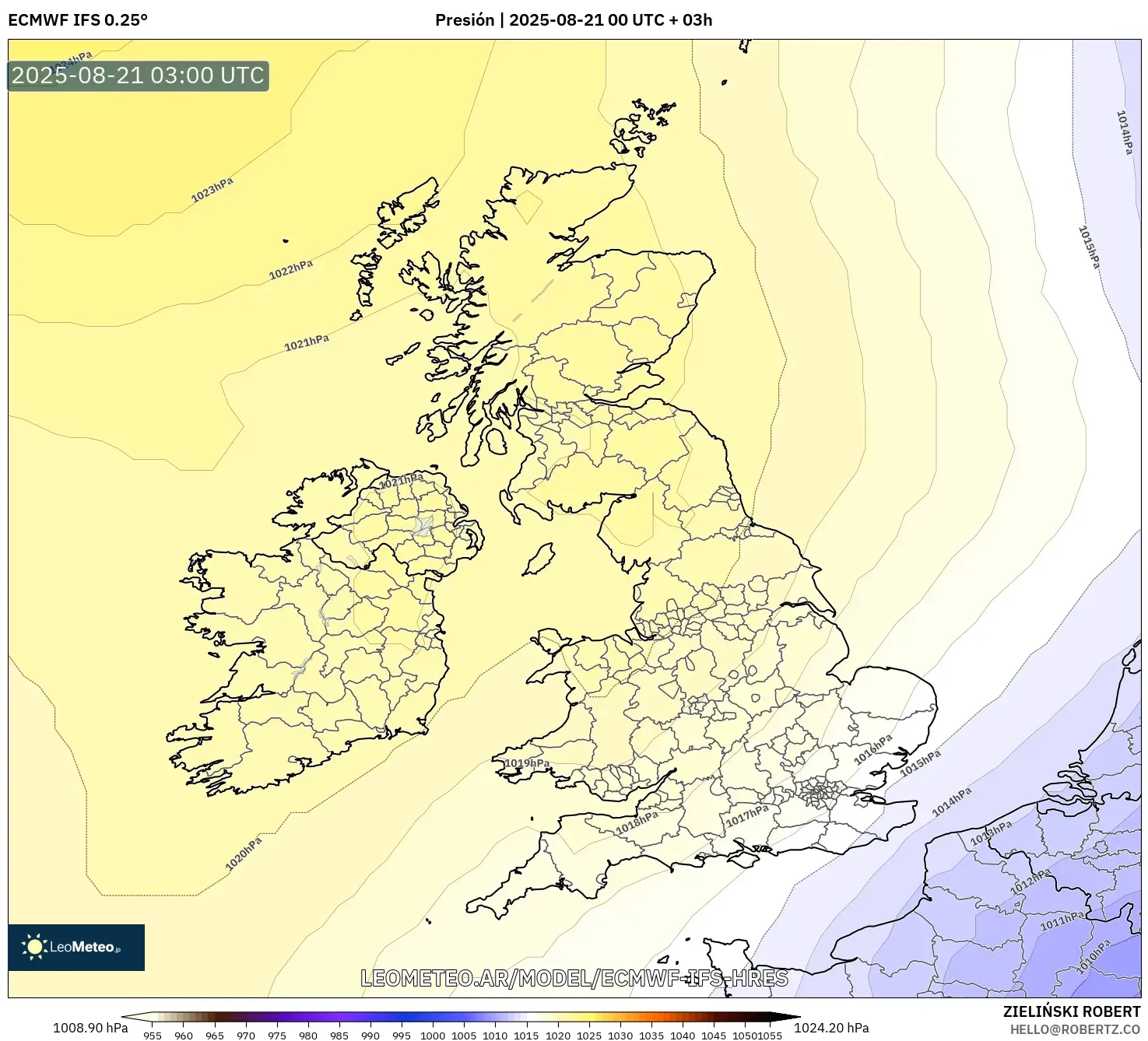 ECMWF IFS 0.25° model - Reino Unido, Presión