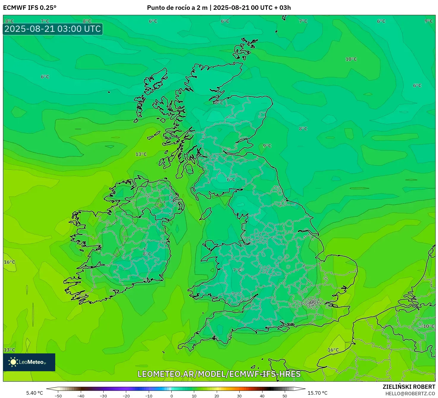 ECMWF IFS 0.25° model - Reino Unido, Punto de rocío a 2 m