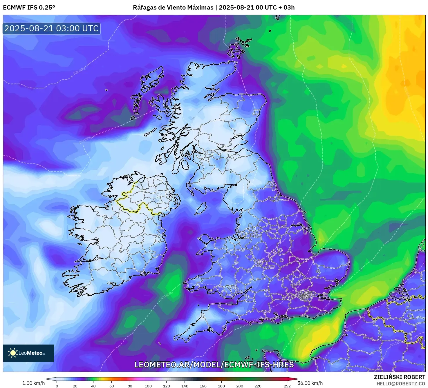 ECMWF IFS 0.25° model - Reino Unido, Ráfagas de Viento Máximas