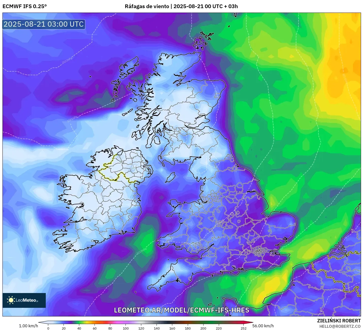 ECMWF IFS 0.25° model - Reino Unido, Ráfagas de viento