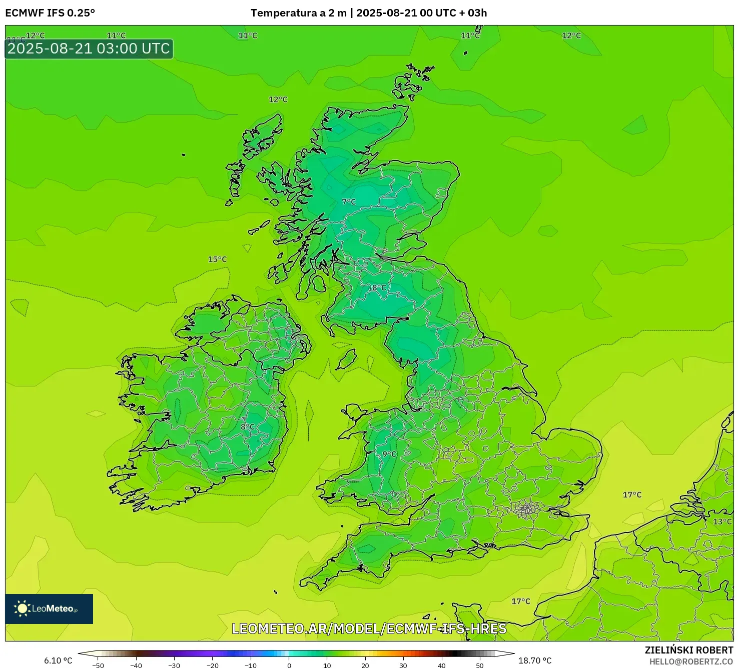 ECMWF IFS 0.25° model - Reino Unido, Temperatura a 2 m