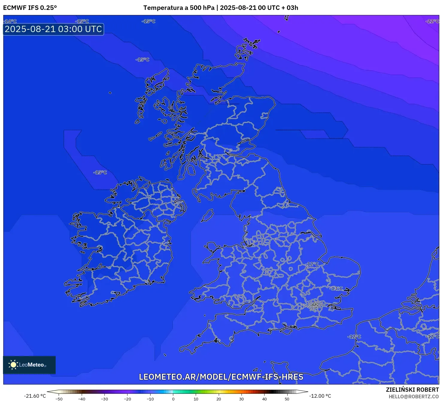 ECMWF IFS 0.25° model - Reino Unido, Temperatura a 500 hPa