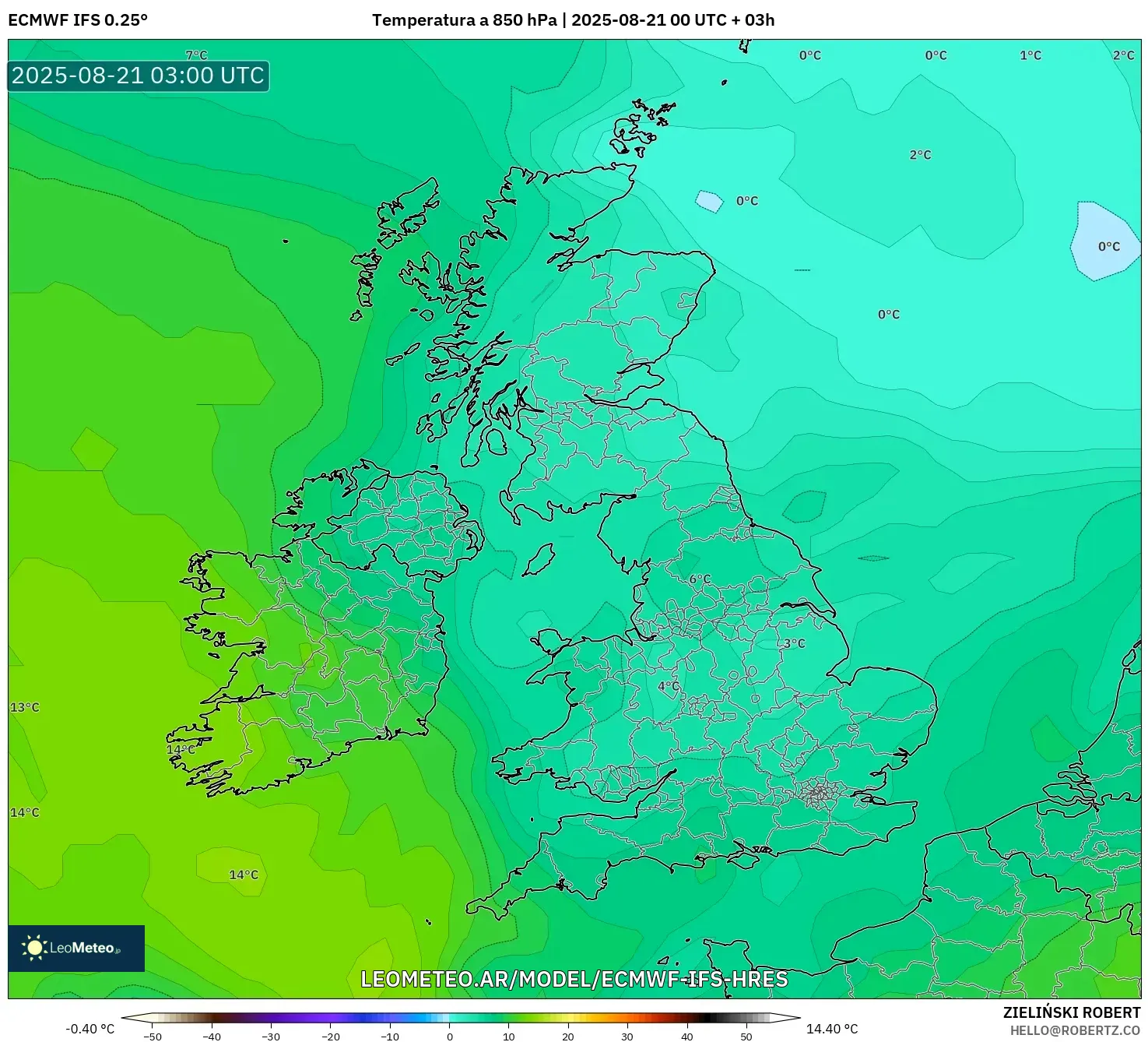 ECMWF IFS 0.25° model - Reino Unido, Temperatura a 850 hPa ECMWF IFS 0.25° model - Reino Unido, Temperatura a 850 hPa