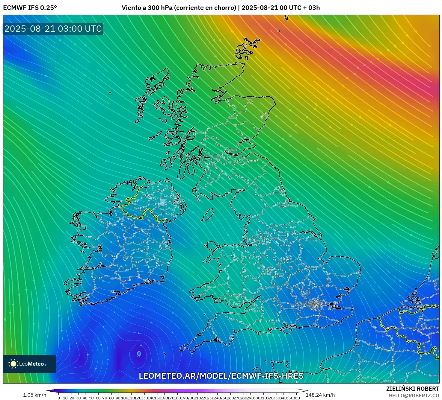 ECMWF IFS 0.25° model - Reino Unido, Viento a 300 hPa (corriente en chorro)