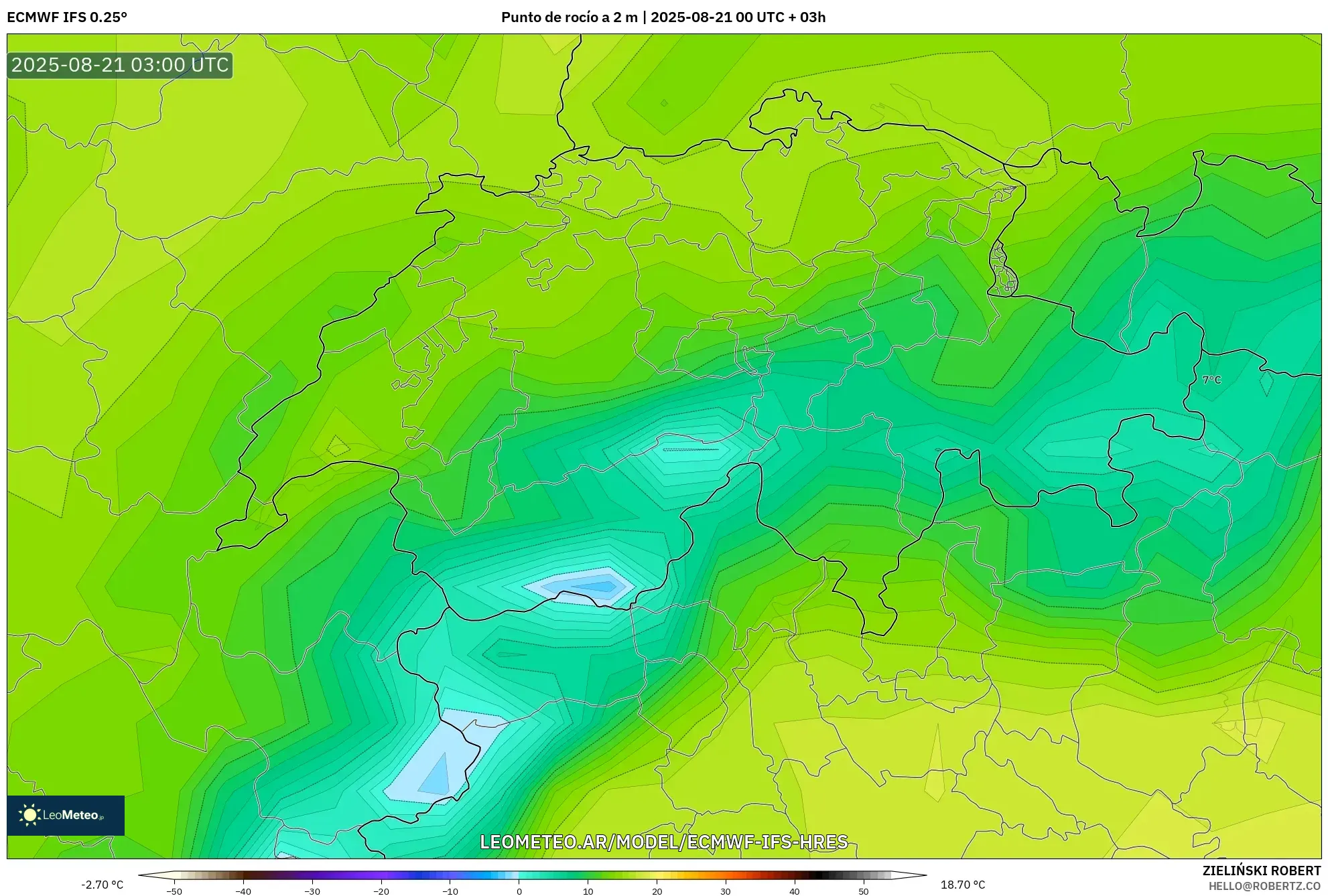ECMWF IFS 0.25° model - Suiza, Punto de rocío a 2 m